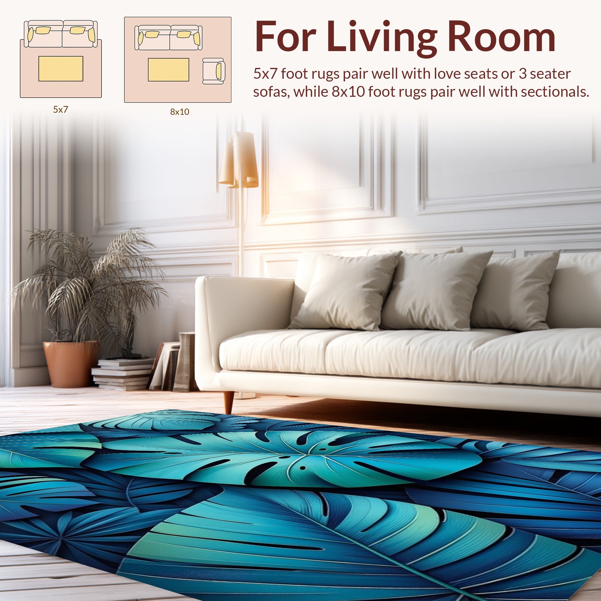 Deep Blue Tropical Leaf Pattern Rug
