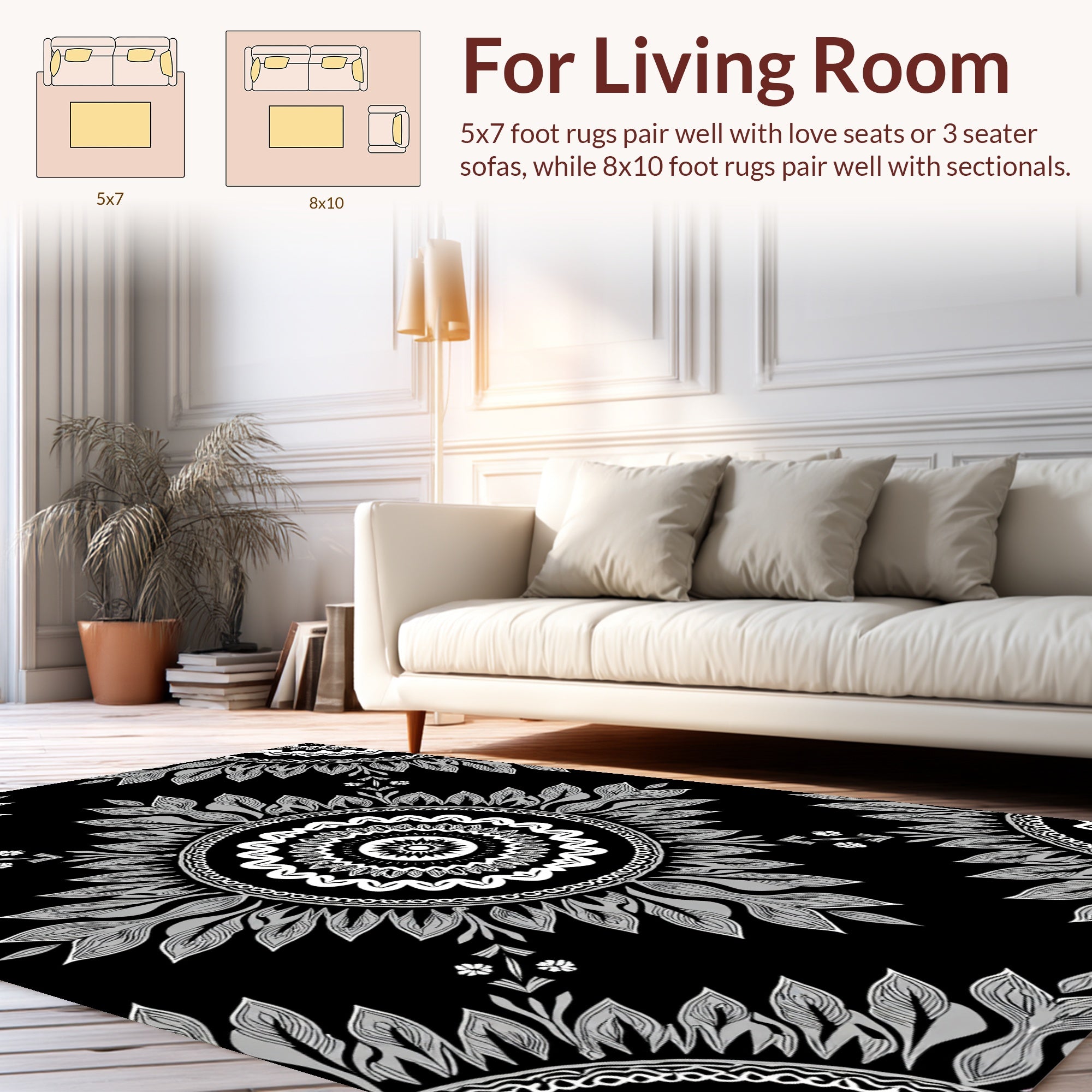 Monochromatic Sunburst Mandala Pattern Rug