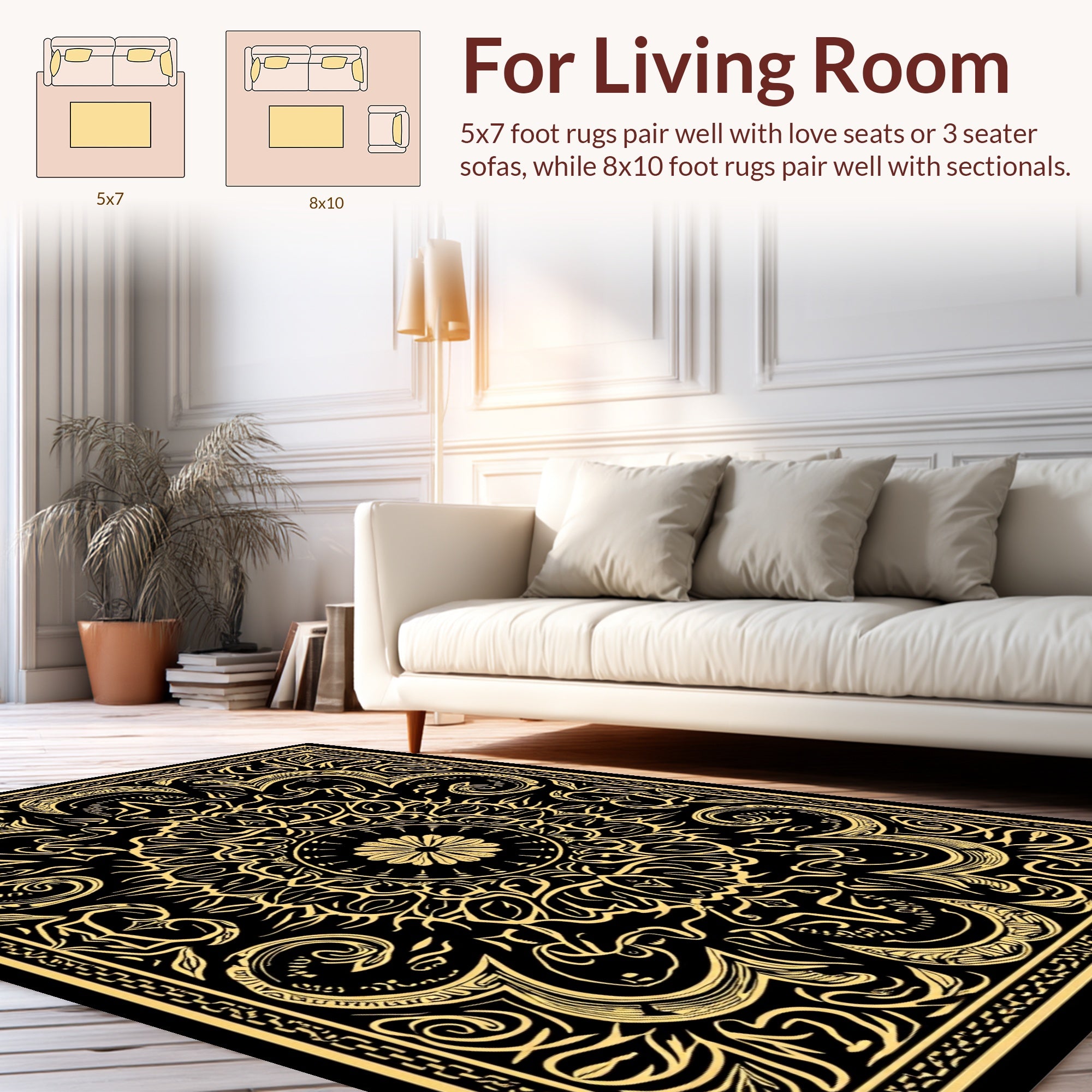 Intricate Floral Mandala Black Gold Rug