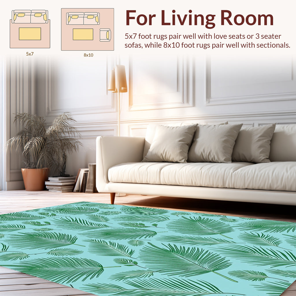 Green Frond Pattern on Aqua Background Rug