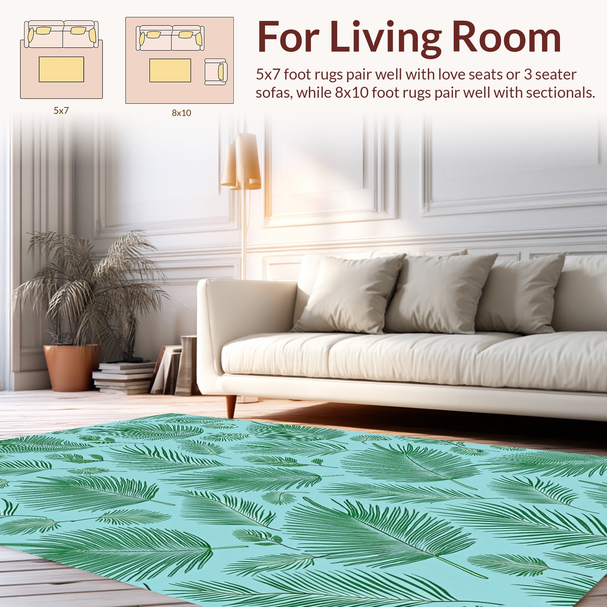 Green Frond Pattern on Aqua Background Rug