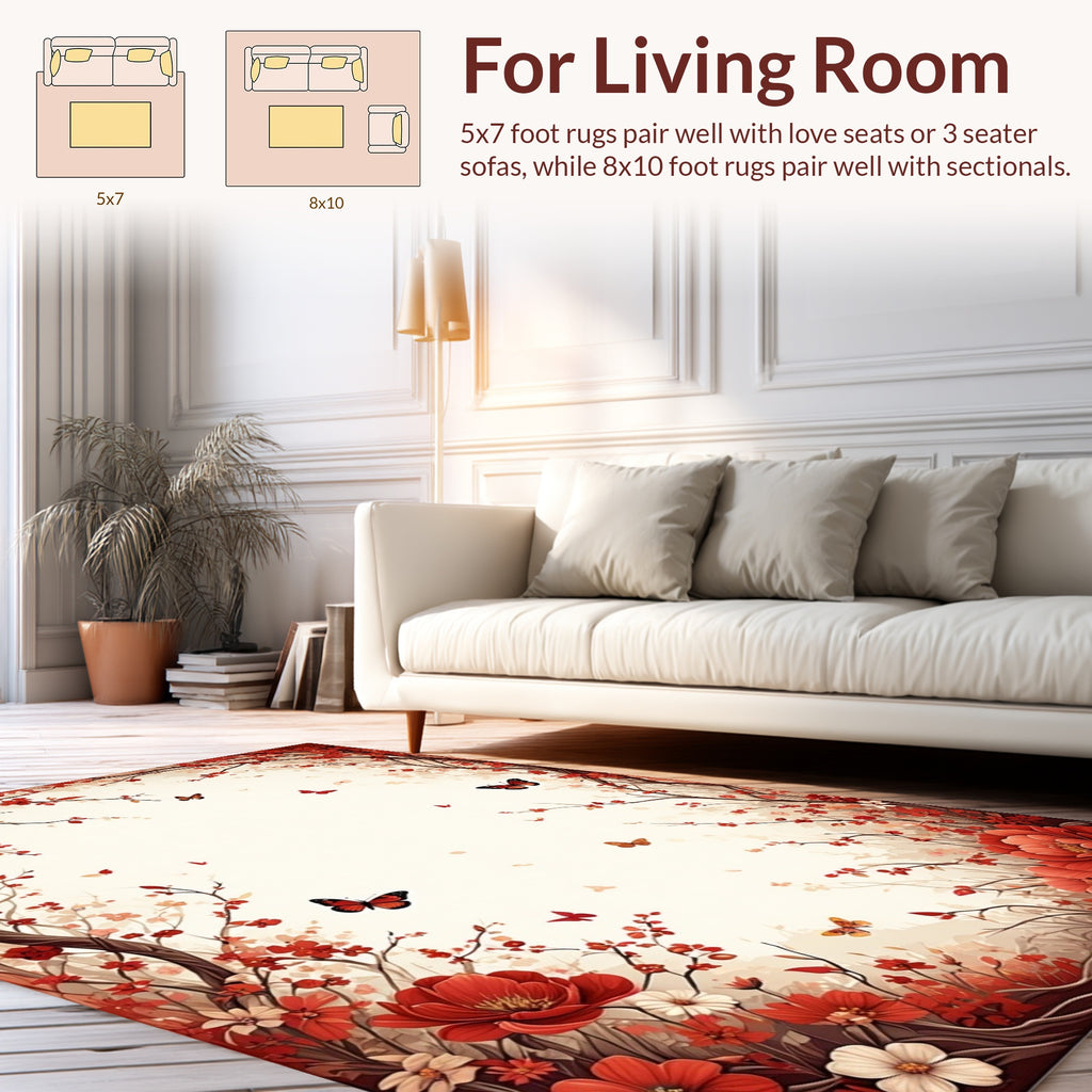 Red Floral Branches Butterflies Rug