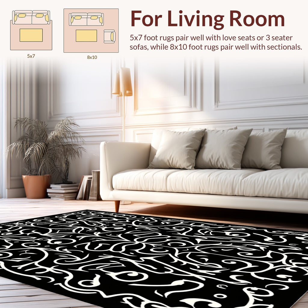 Black White Swirling Vine Pattern Rug
