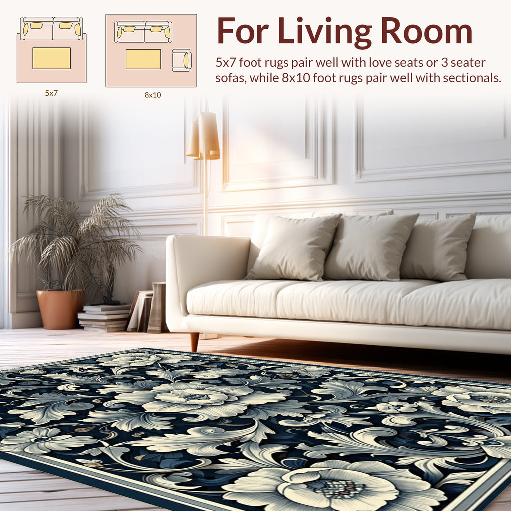 Detailed Floral Accents Dark Navy Rug