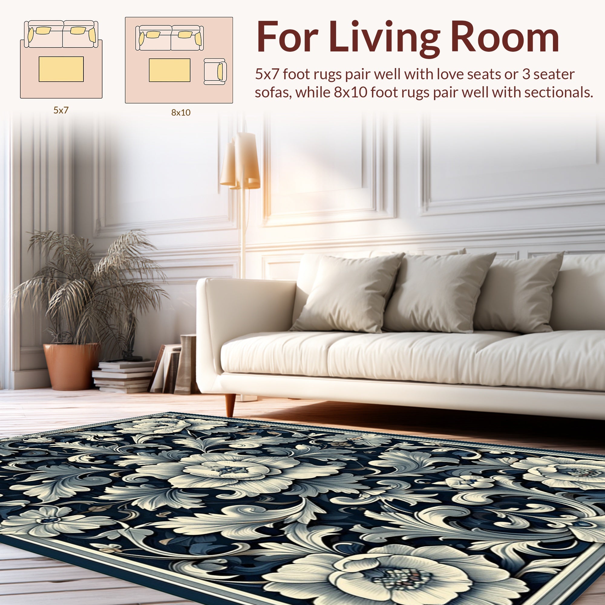 Detailed Floral Accents Dark Navy Rug