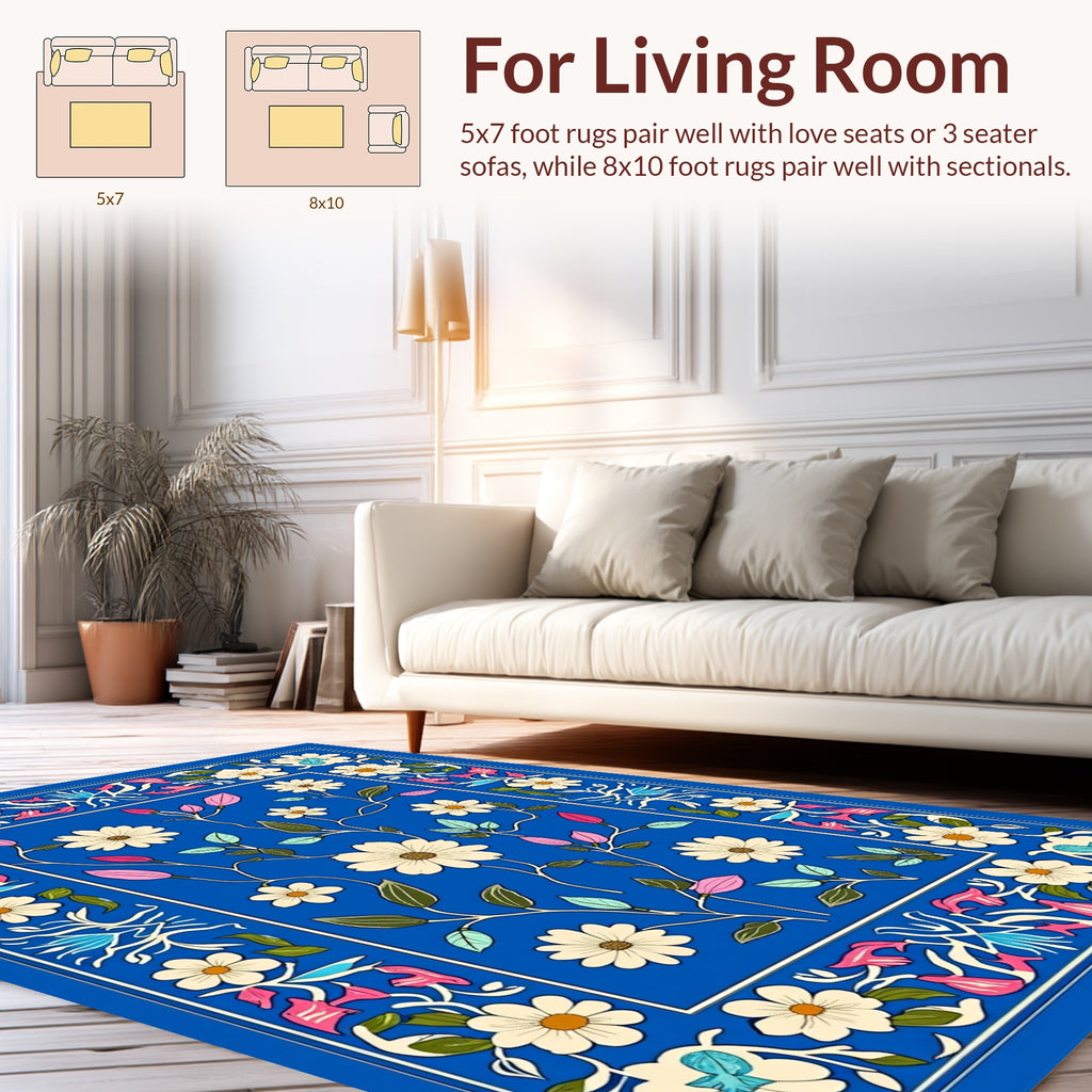 Bright Blue Floral Botanical Pattern Rug