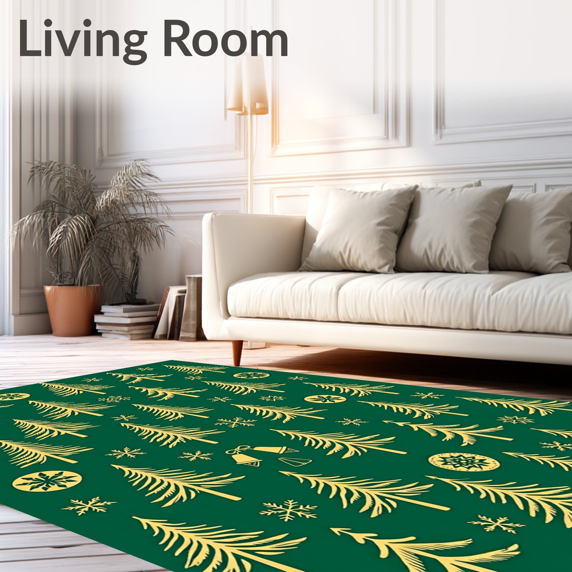 Gold Pine Trees Snowflakes Bells Rug