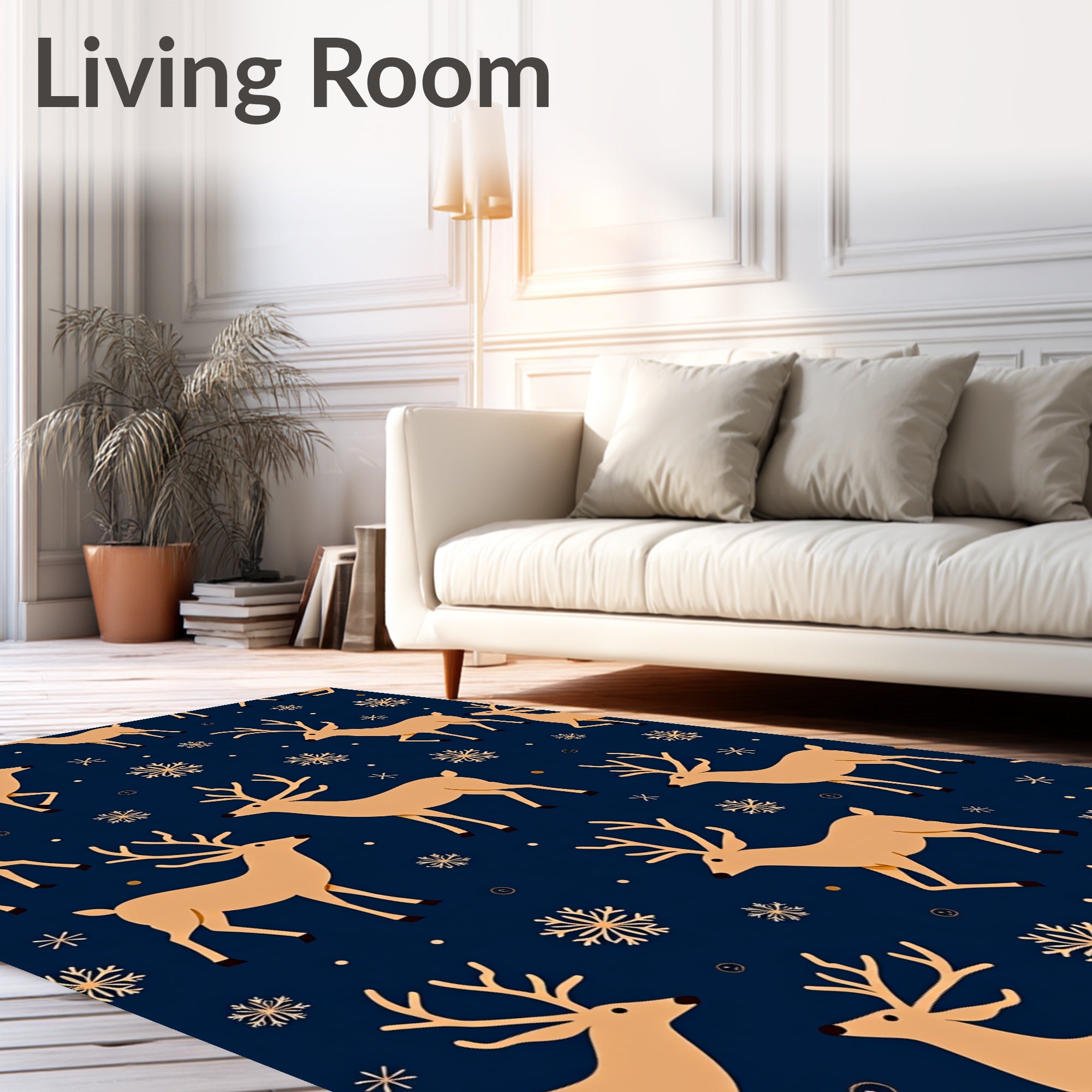 Golden Reindeer Snowflakes Navy Cozy Rug