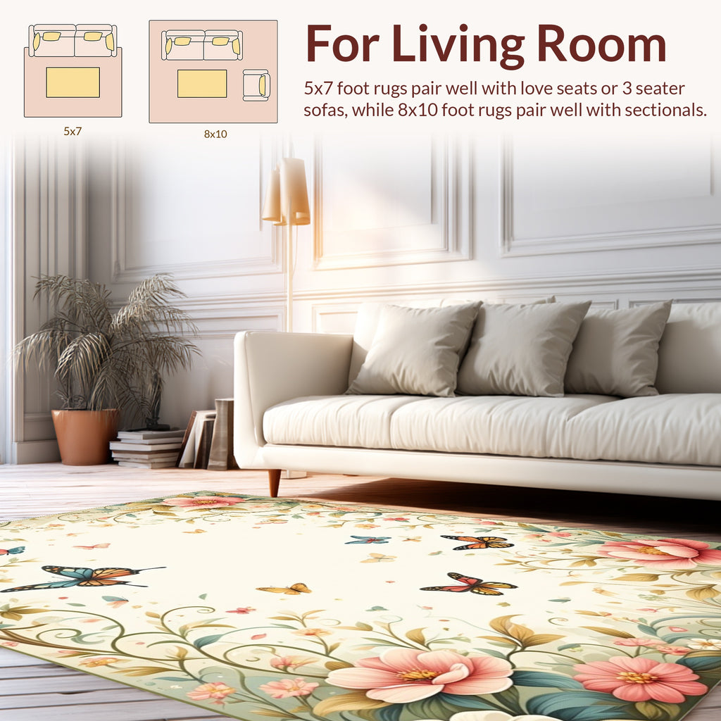 Pastel Floral Butterflies Meadow Design Rug