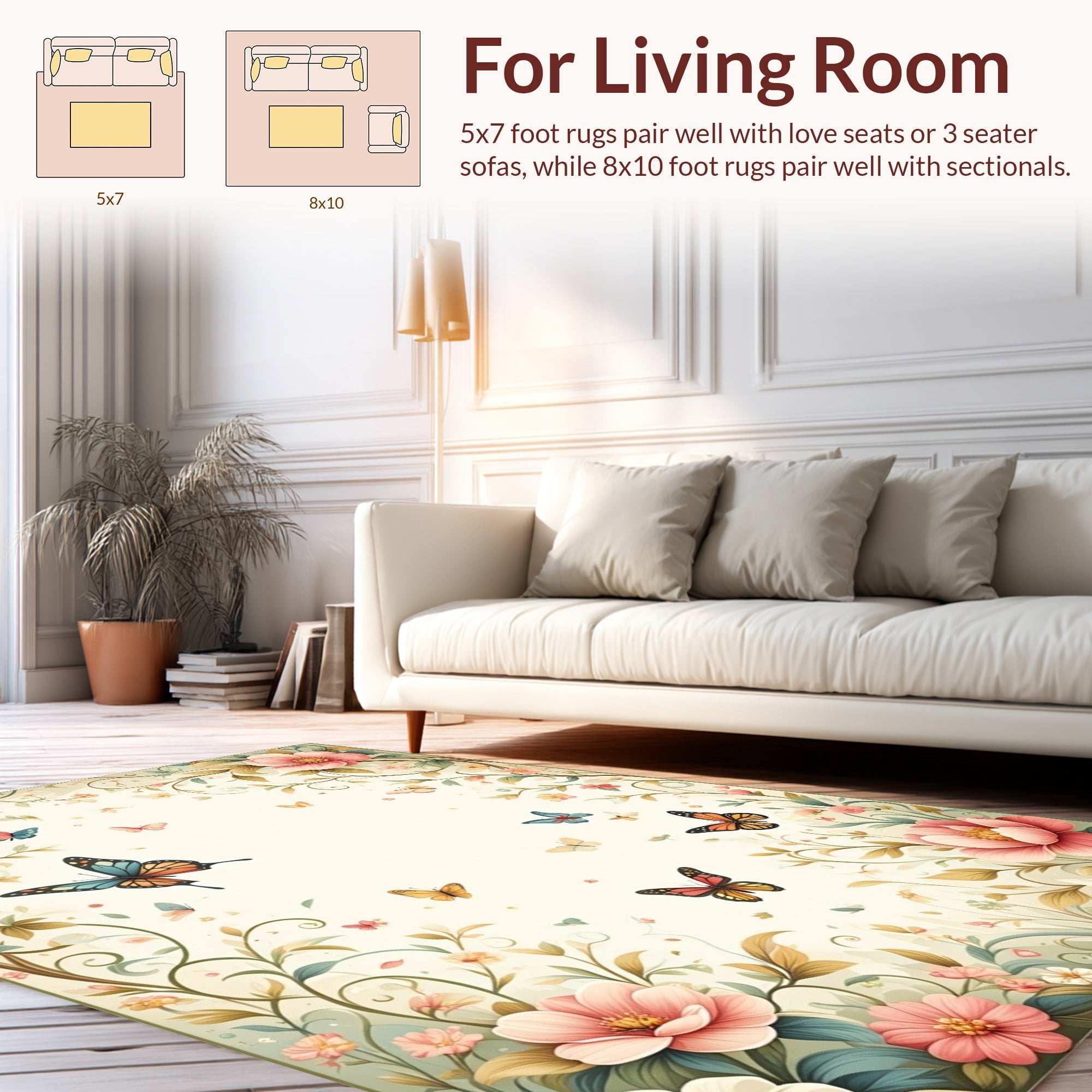 Pastel Floral Butterflies Meadow Design Rug