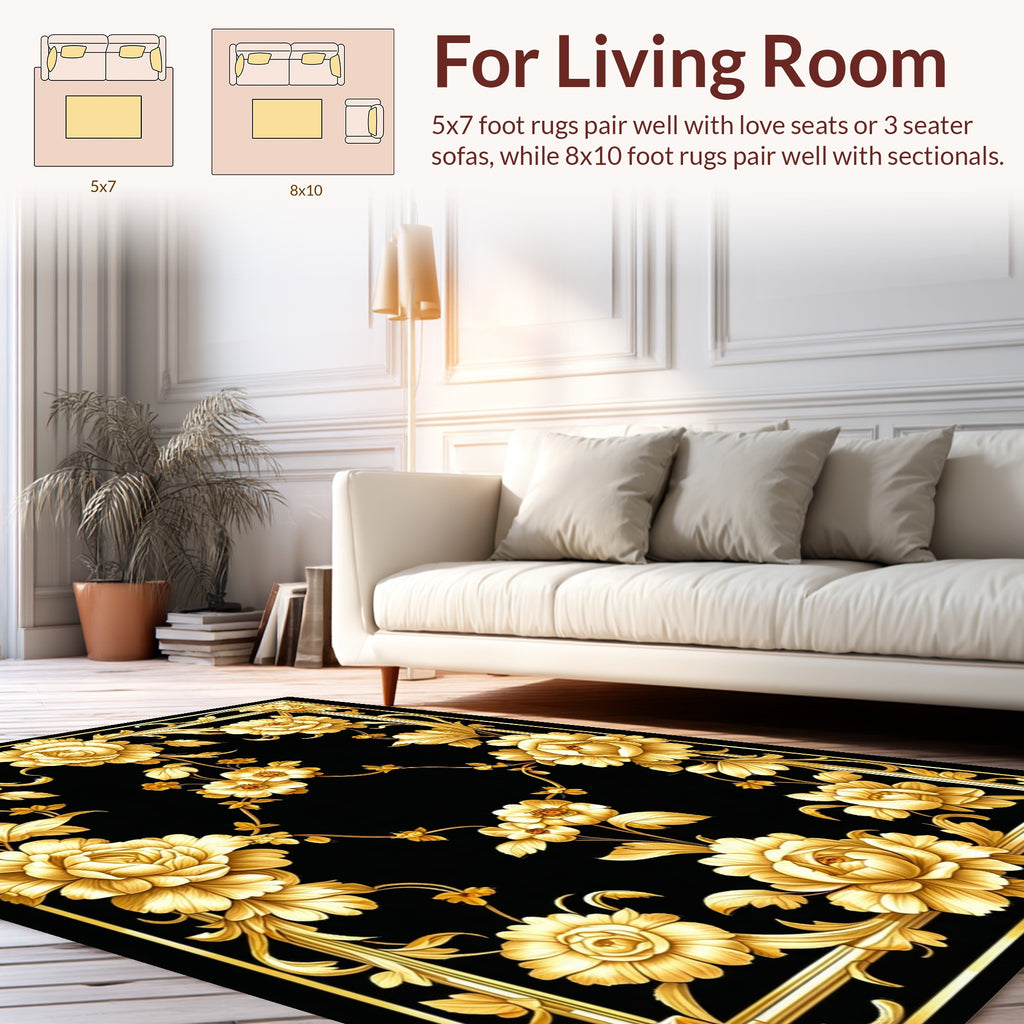 Ornate Gold Floral Scroll Pattern Rug