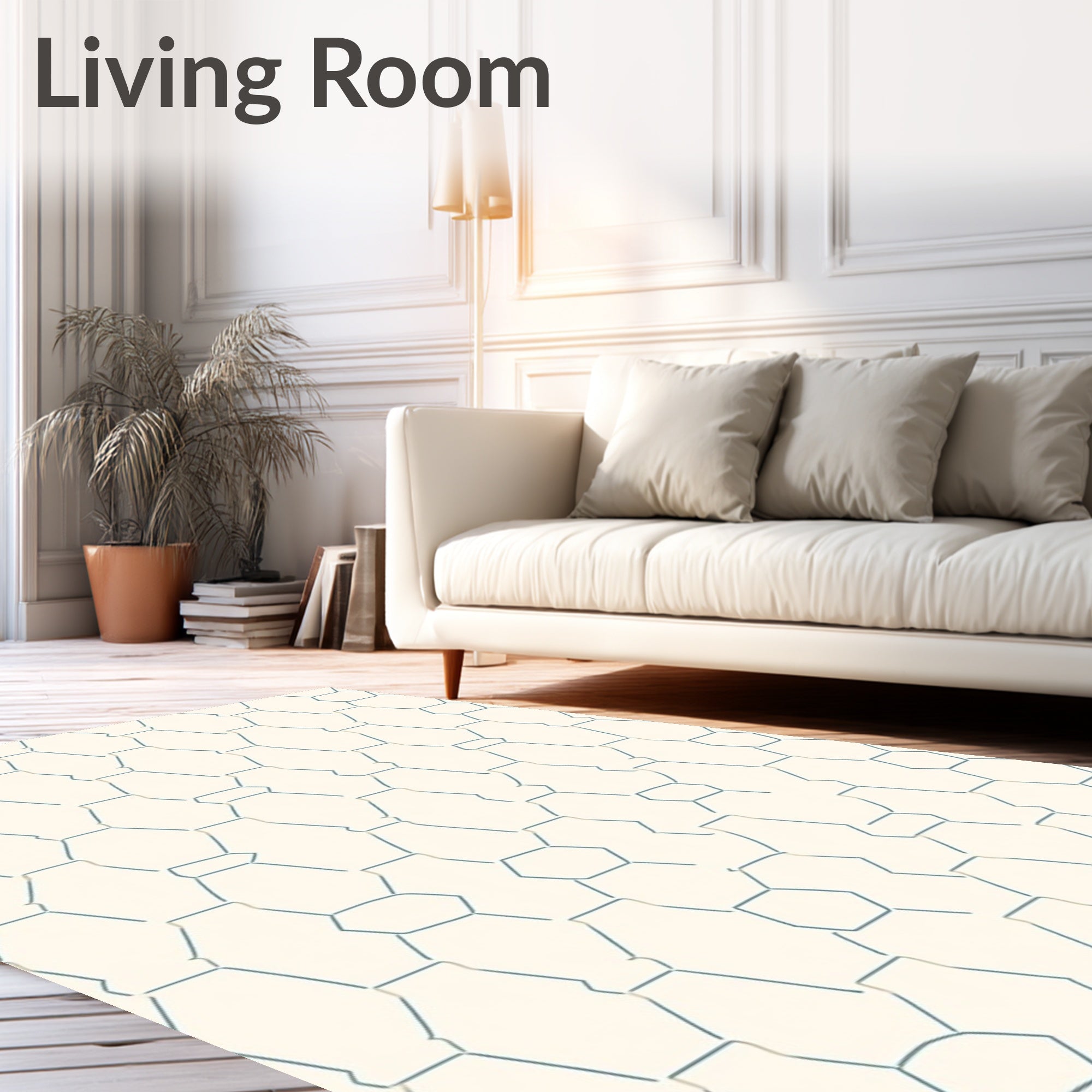 Creamy White Blue Hexagonal Lattice Rug