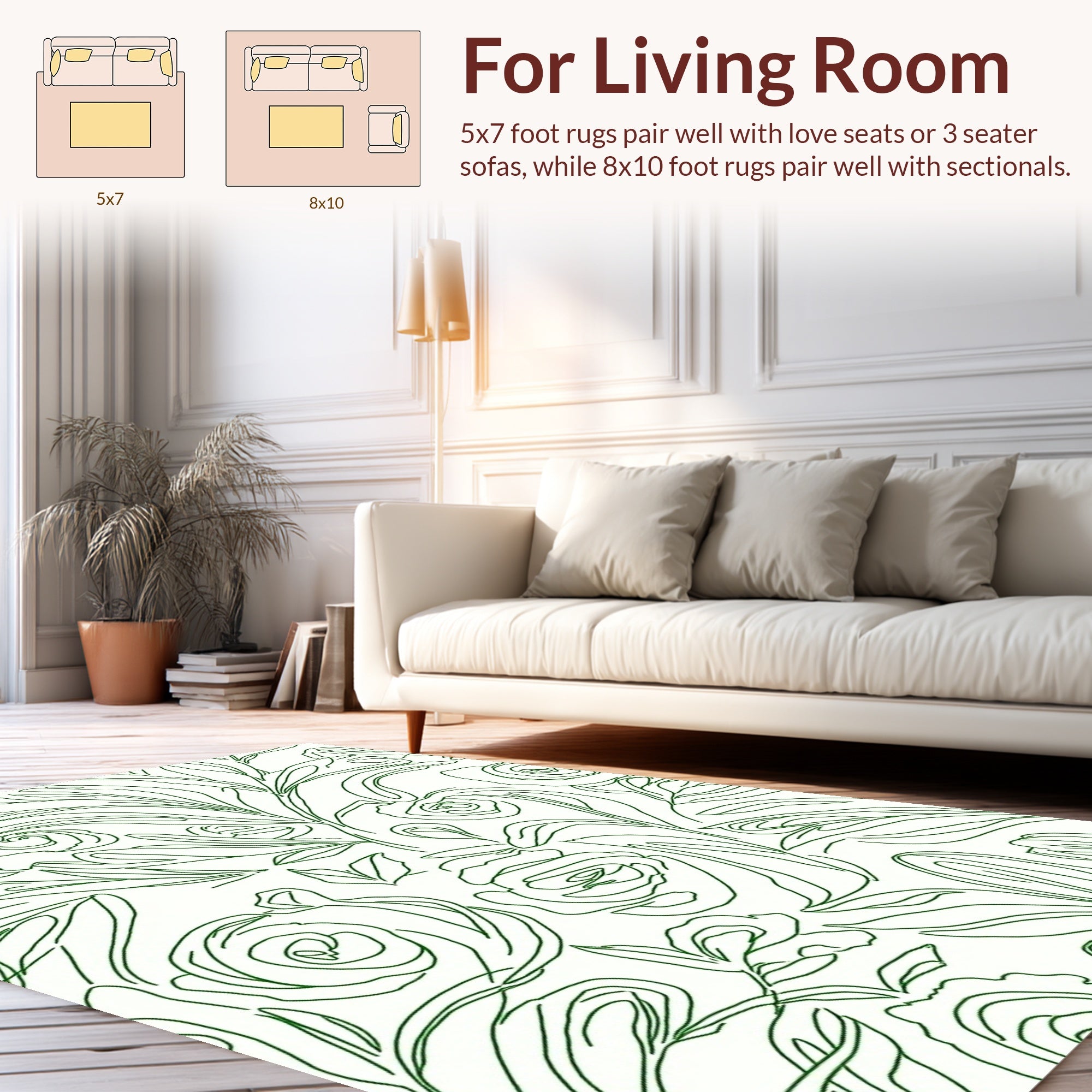 Whimsical Green Floral Line Art Rug