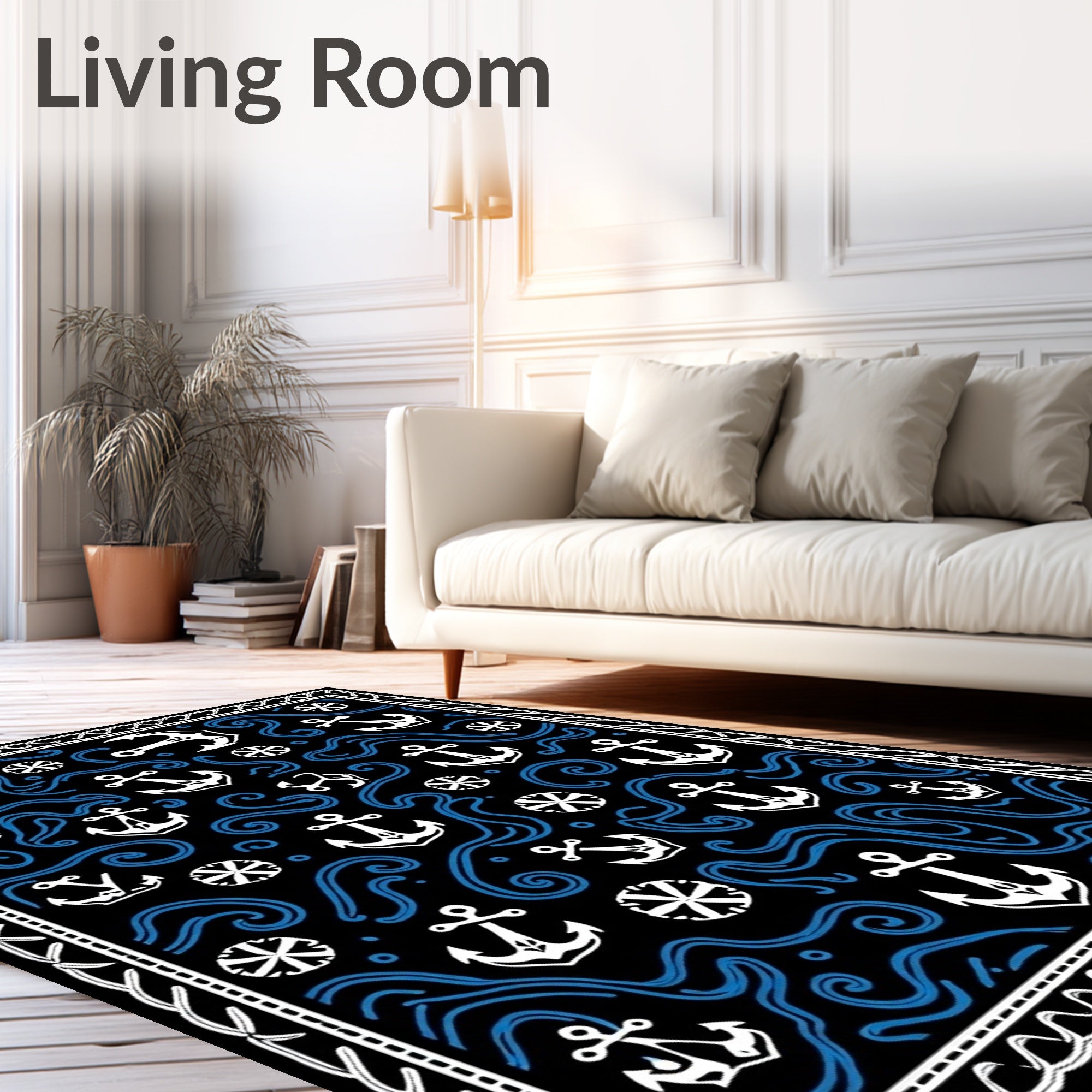 Nautical Anchor Waves Black Blue Rug