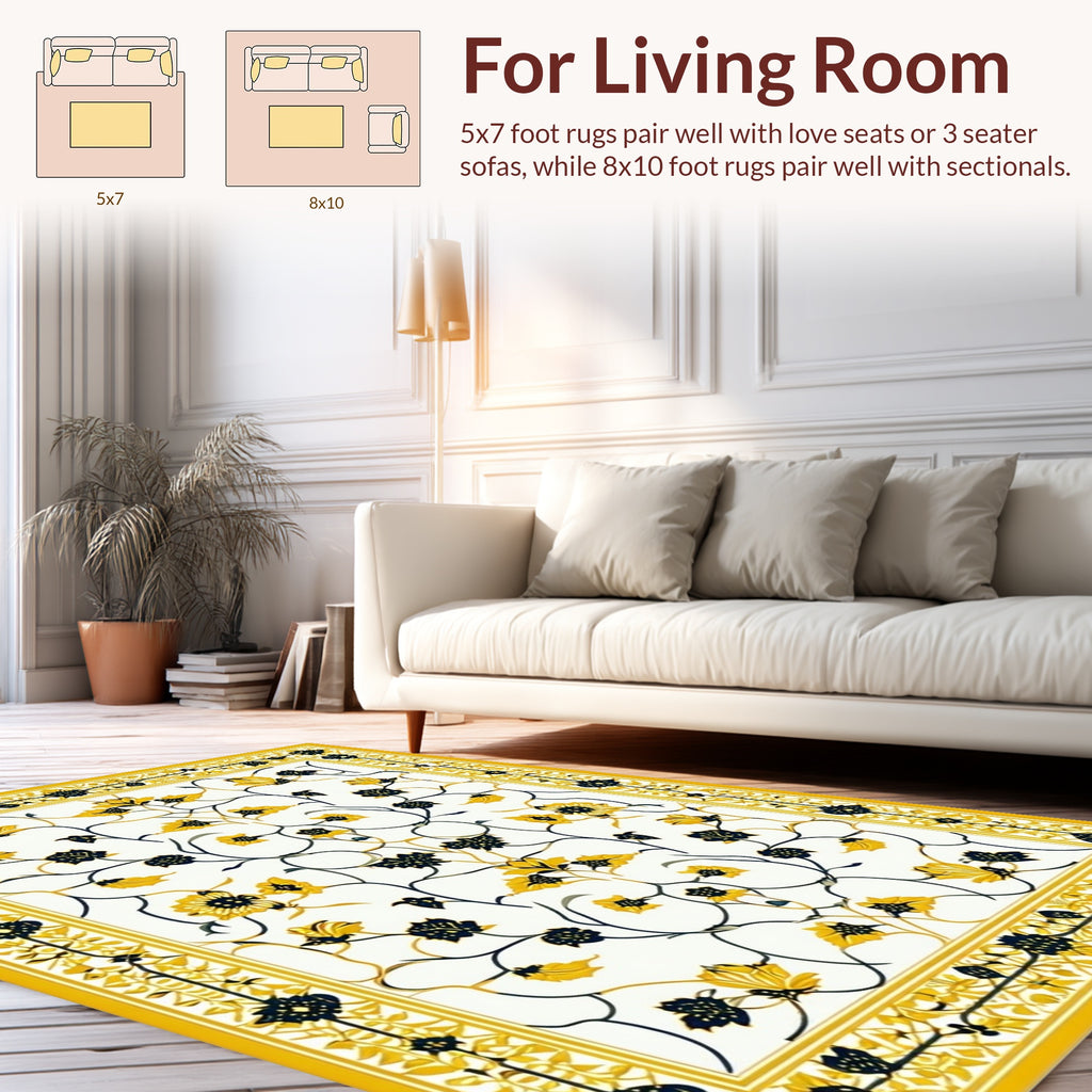 Yellow Navy Floral Vine Motif Rug