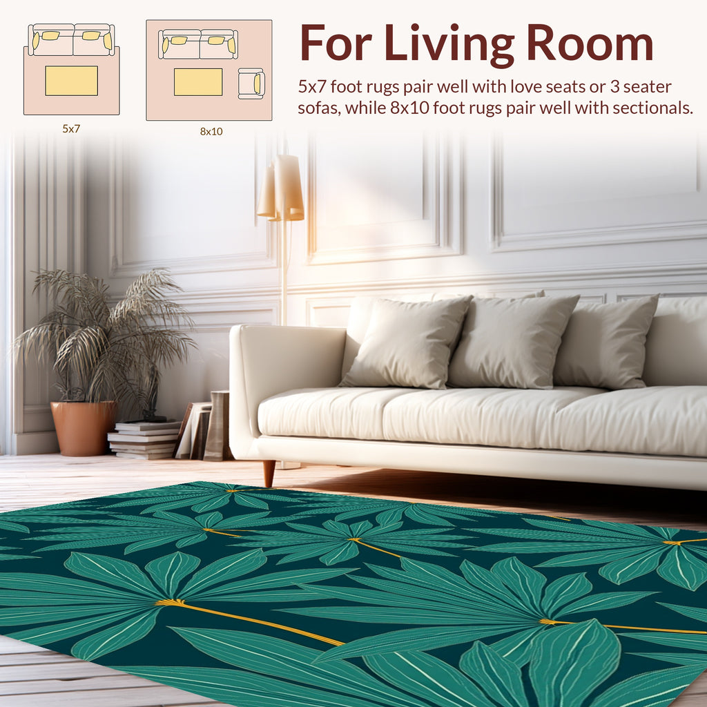 Deep Teal Tropical Leaf Pattern Rug