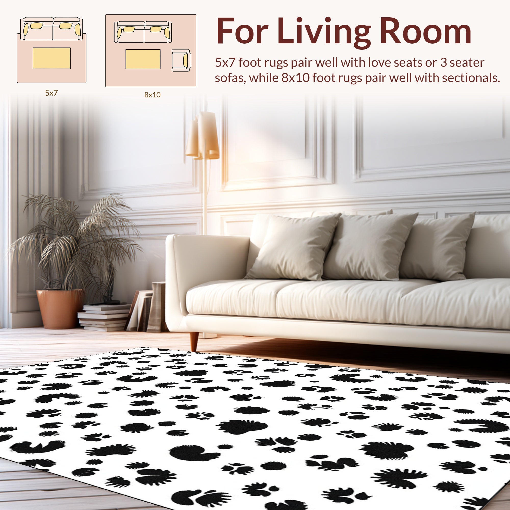 Black White Floral Paw Print Design Rug