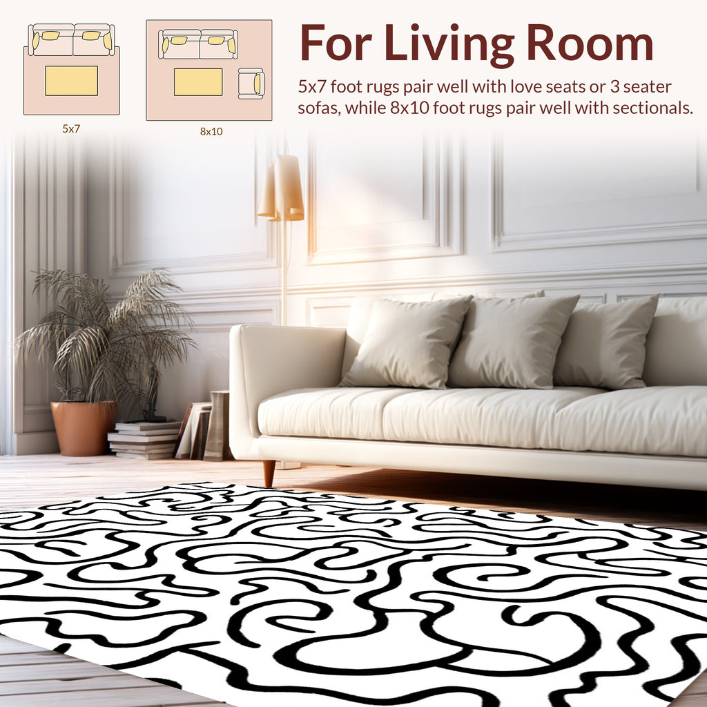 Abstract Black White Wavy Lines Design Rug