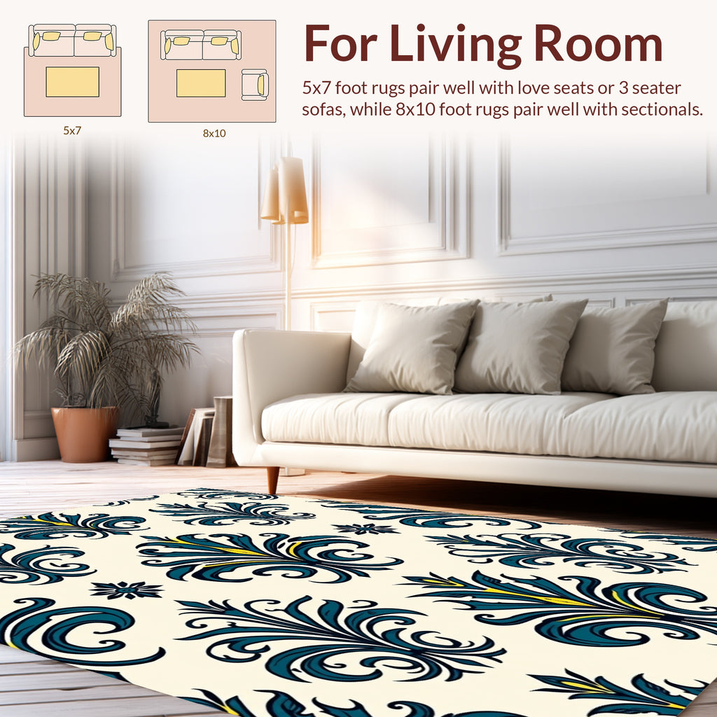 Teal Blue Flourish Damask Design Rug