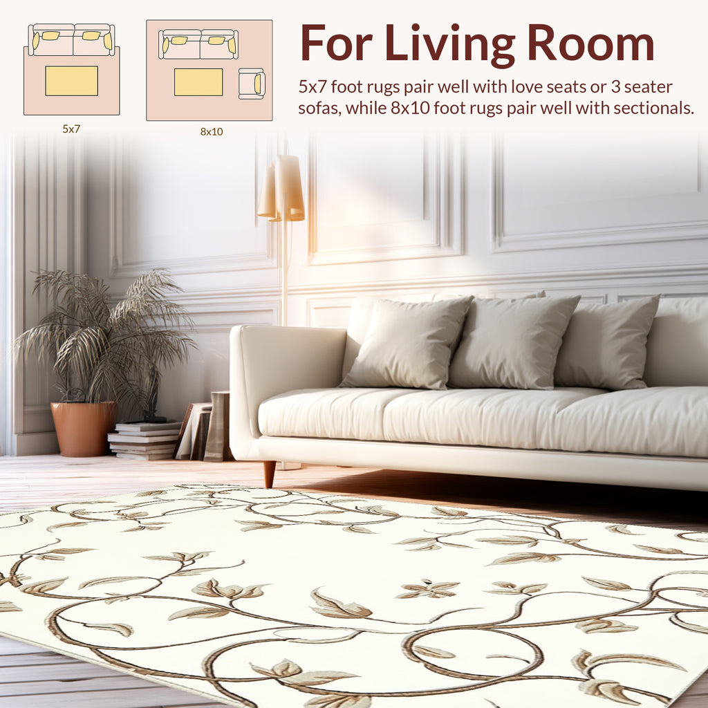 Delicate Floral Swirls Beige Design Rug