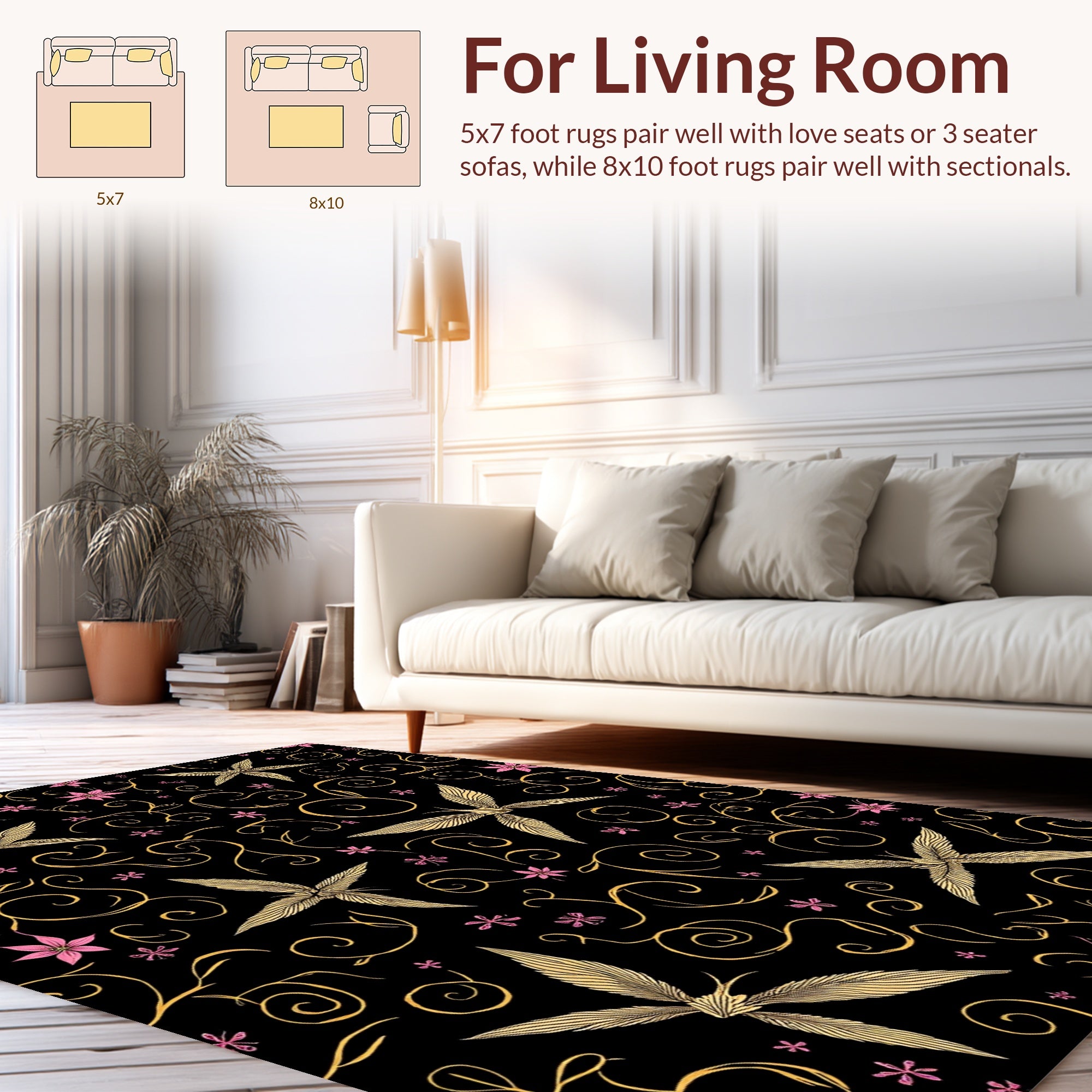 Whimsical Golden Swirls Pink Flowers Rug