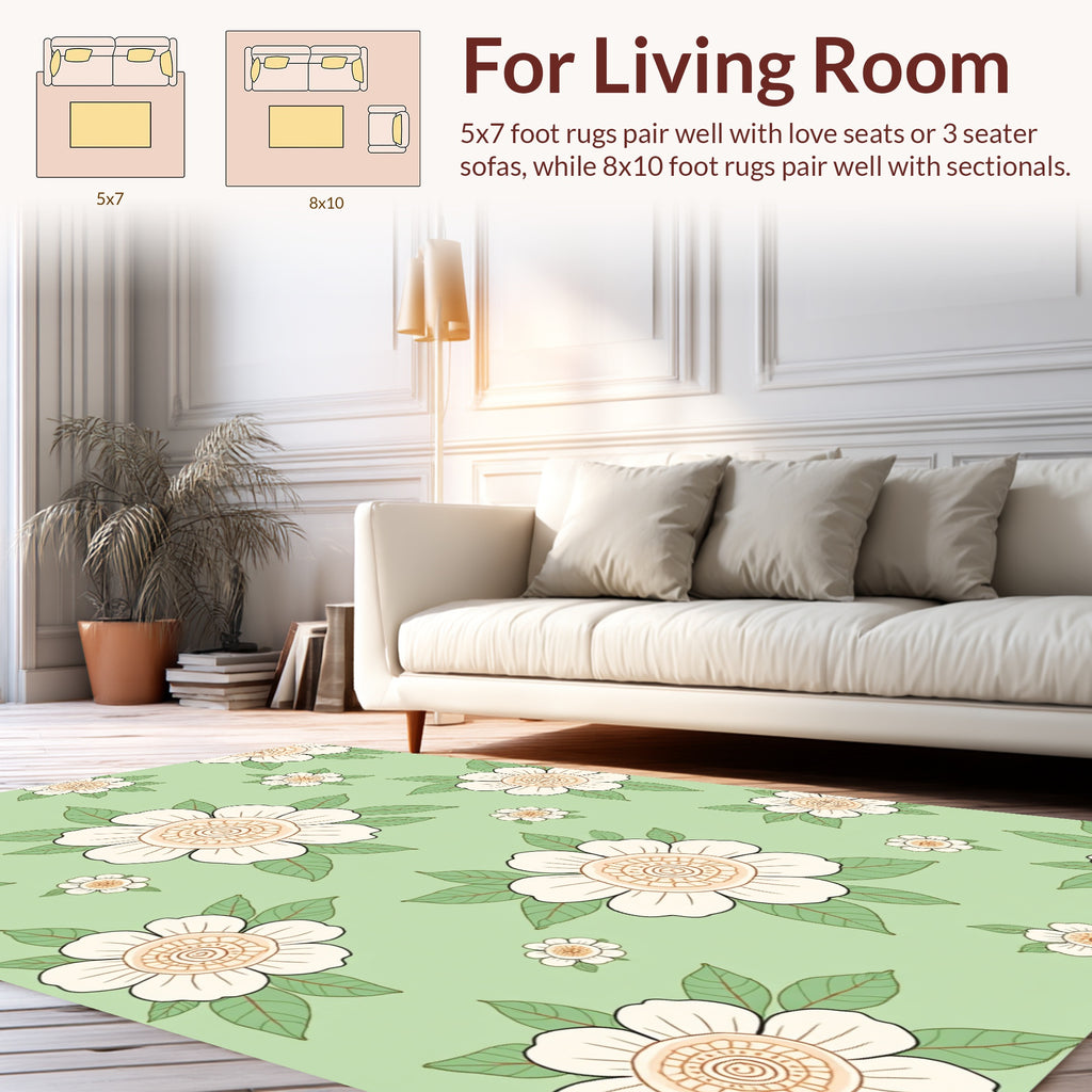 White Floral Patterned Green Rug