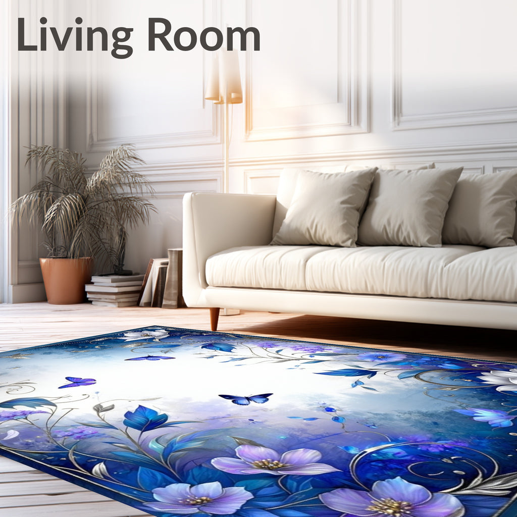 Enchanting Blue Floral Butterfly Border Rug