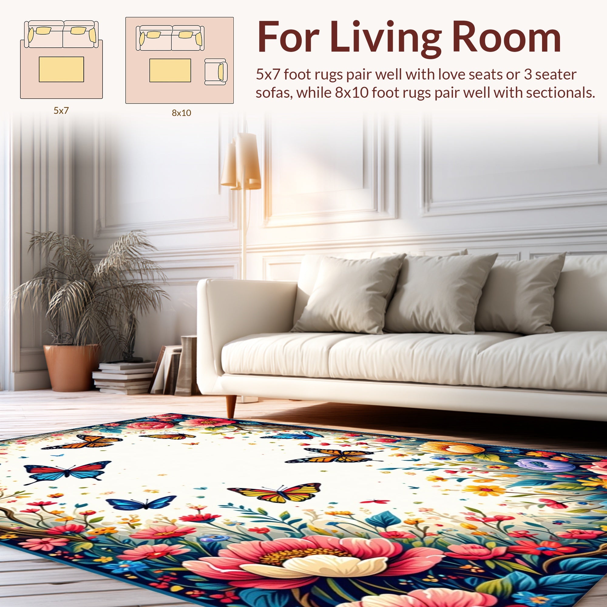 Vibrant Floral Butterfly Garden Scene Rug