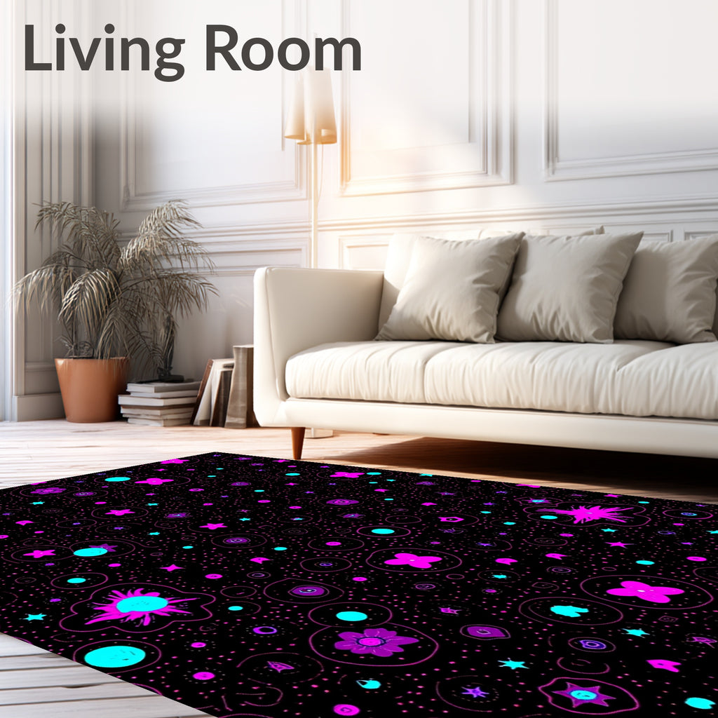Neon Pink Teal Cosmic Stars Flowers Rug
