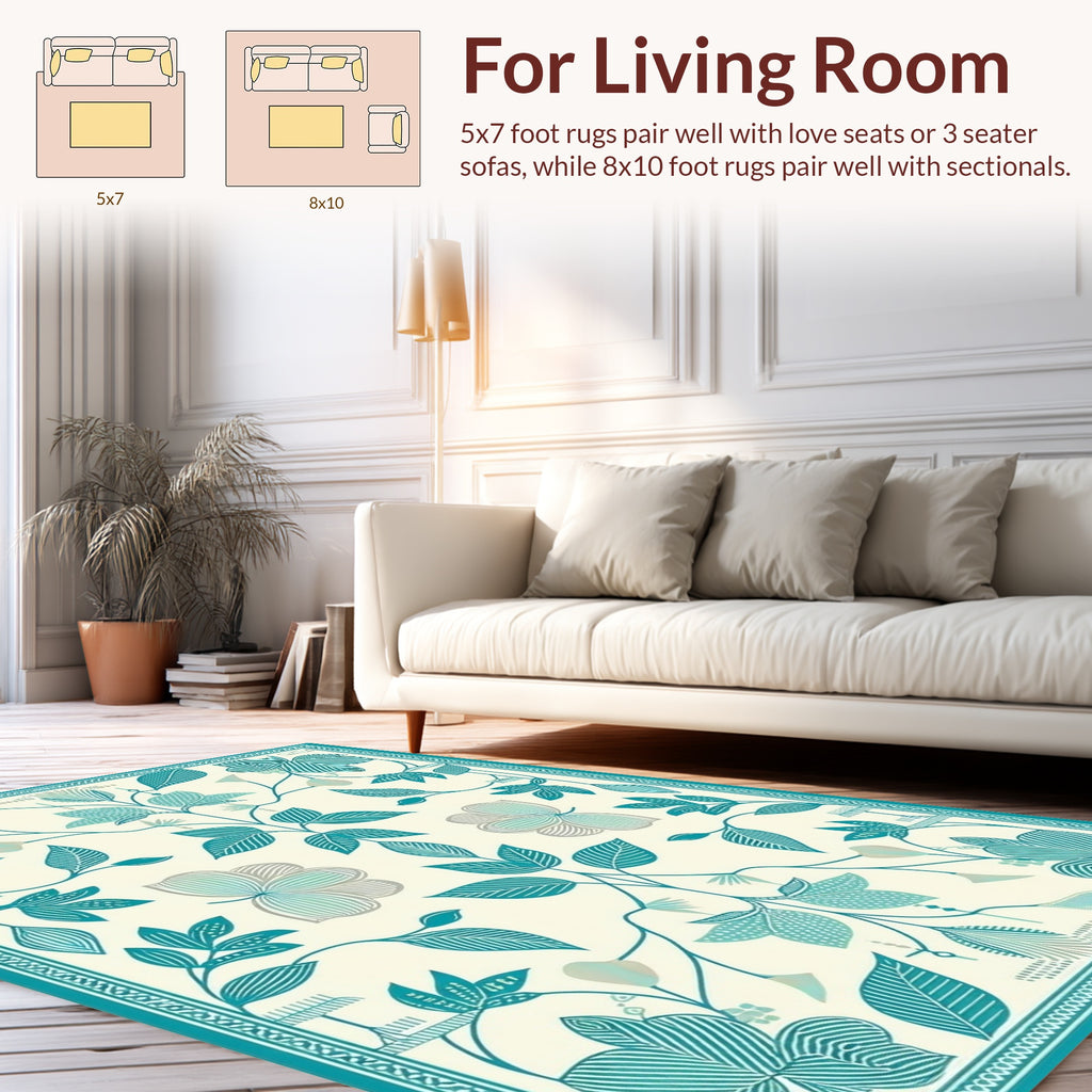 Teal Floral Botanical Pattern Rug