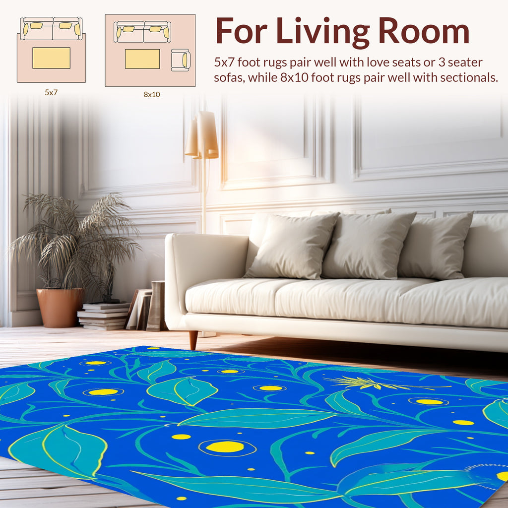 Vivid Teal Leafy Vine Pattern Rug