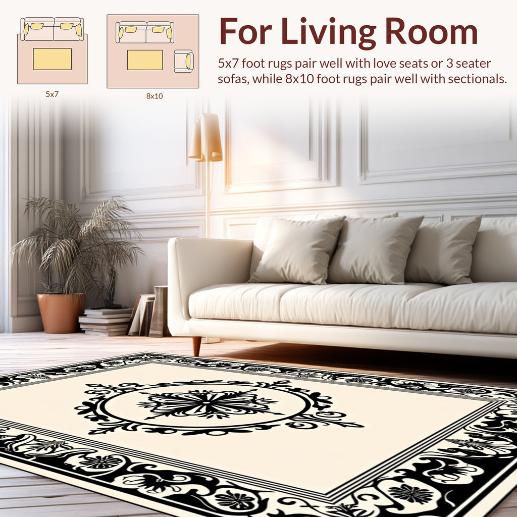 Classic Black Ivory Floral Medallion Design Rug