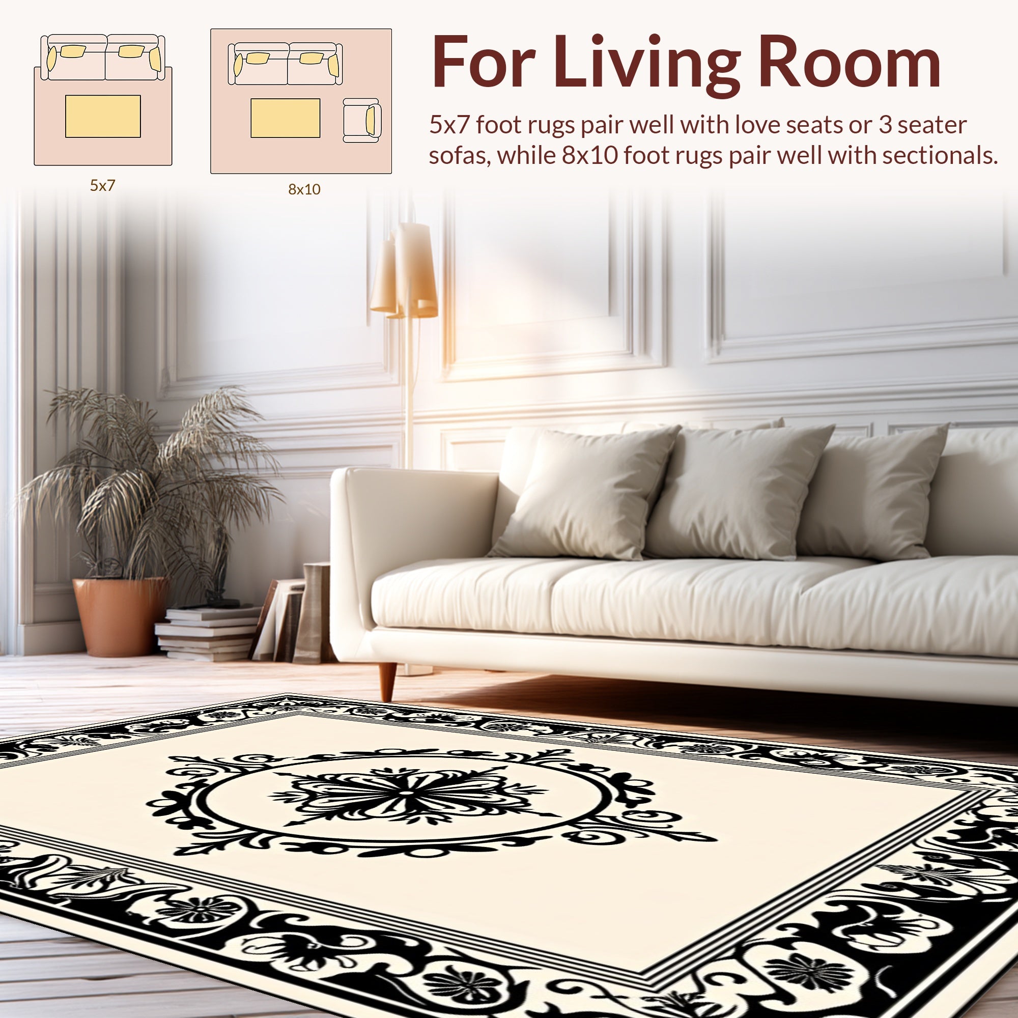 Classic Black Ivory Floral Medallion Design Rug