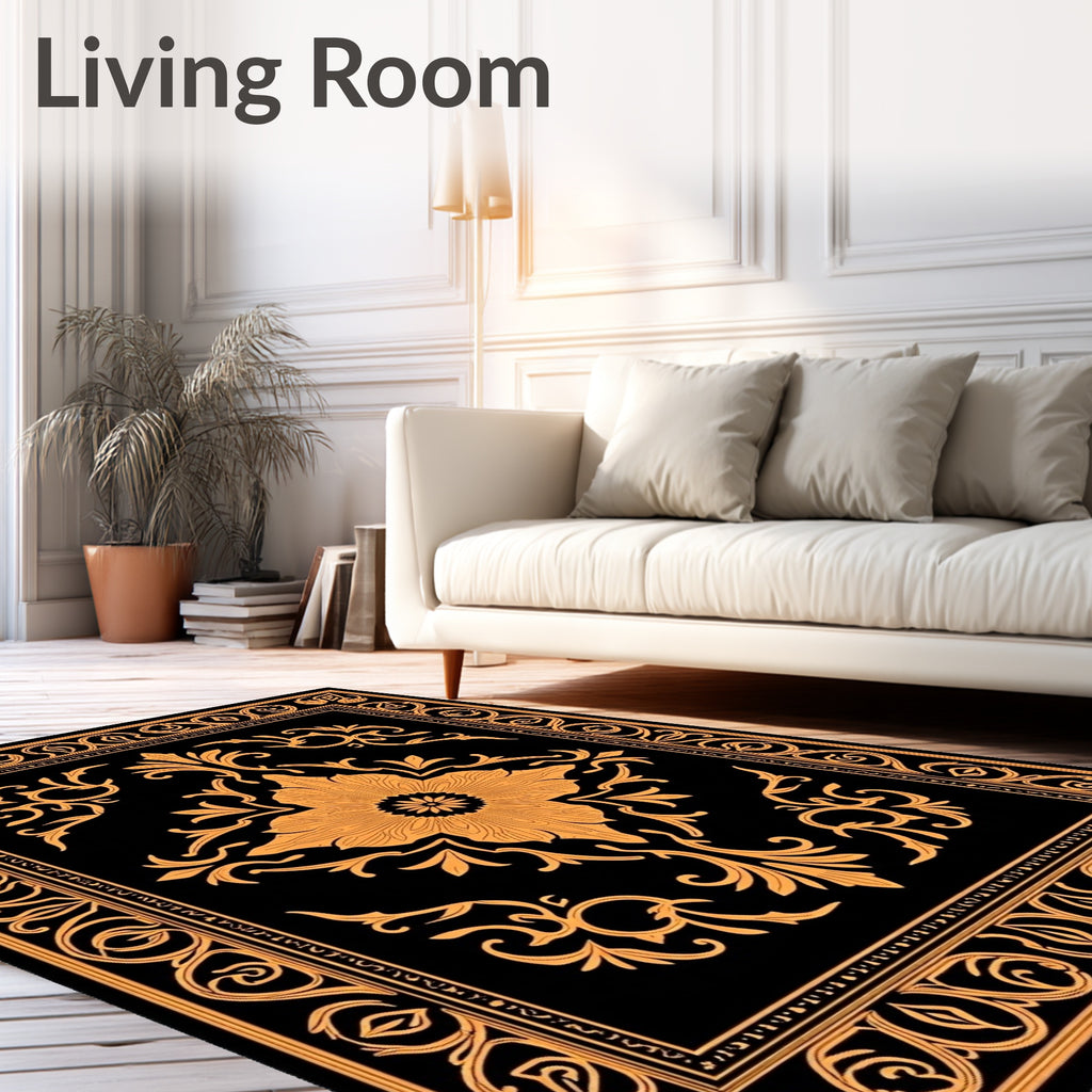 Golden Floral Medallion Black Rug