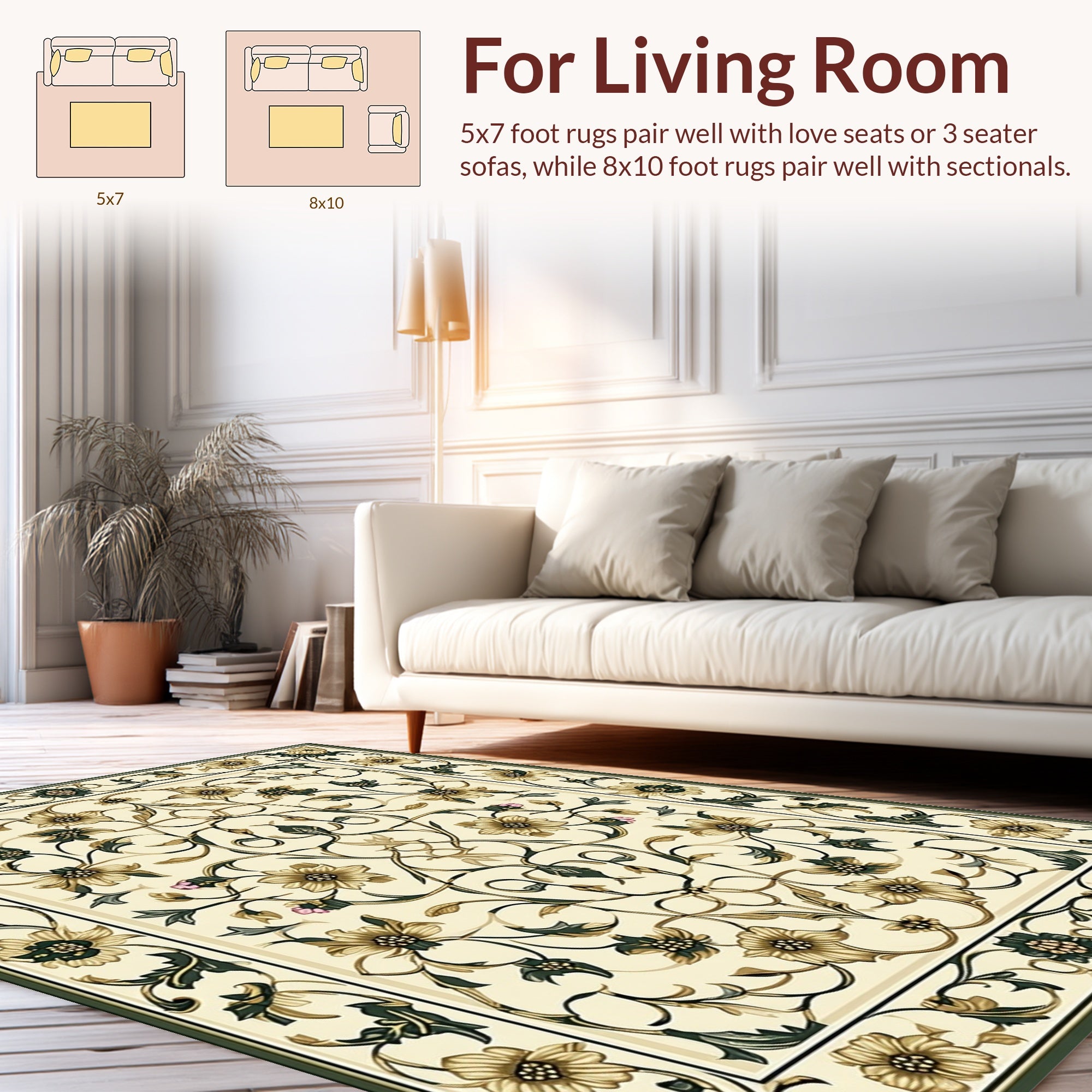 Ornate Floral Vine Motif Cream Rug