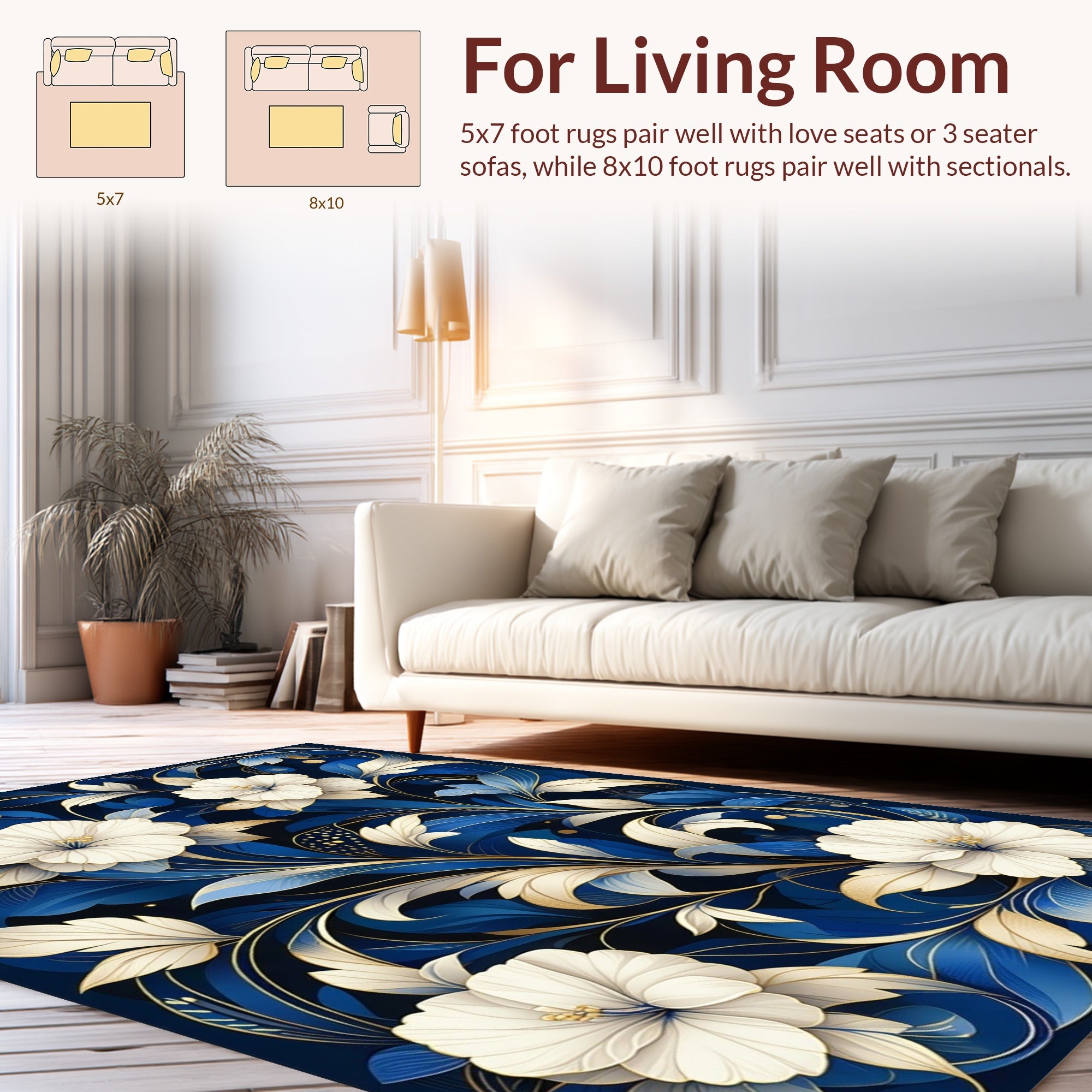 Royal Blue White Floral Art Rug