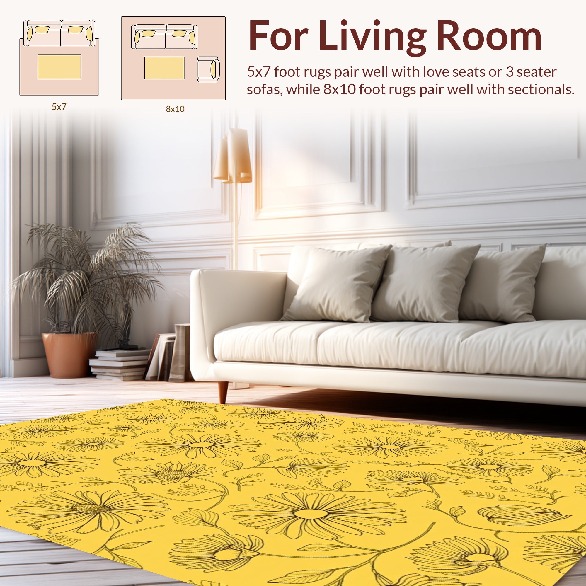Vintage Daisy Patterned Yellow Rug