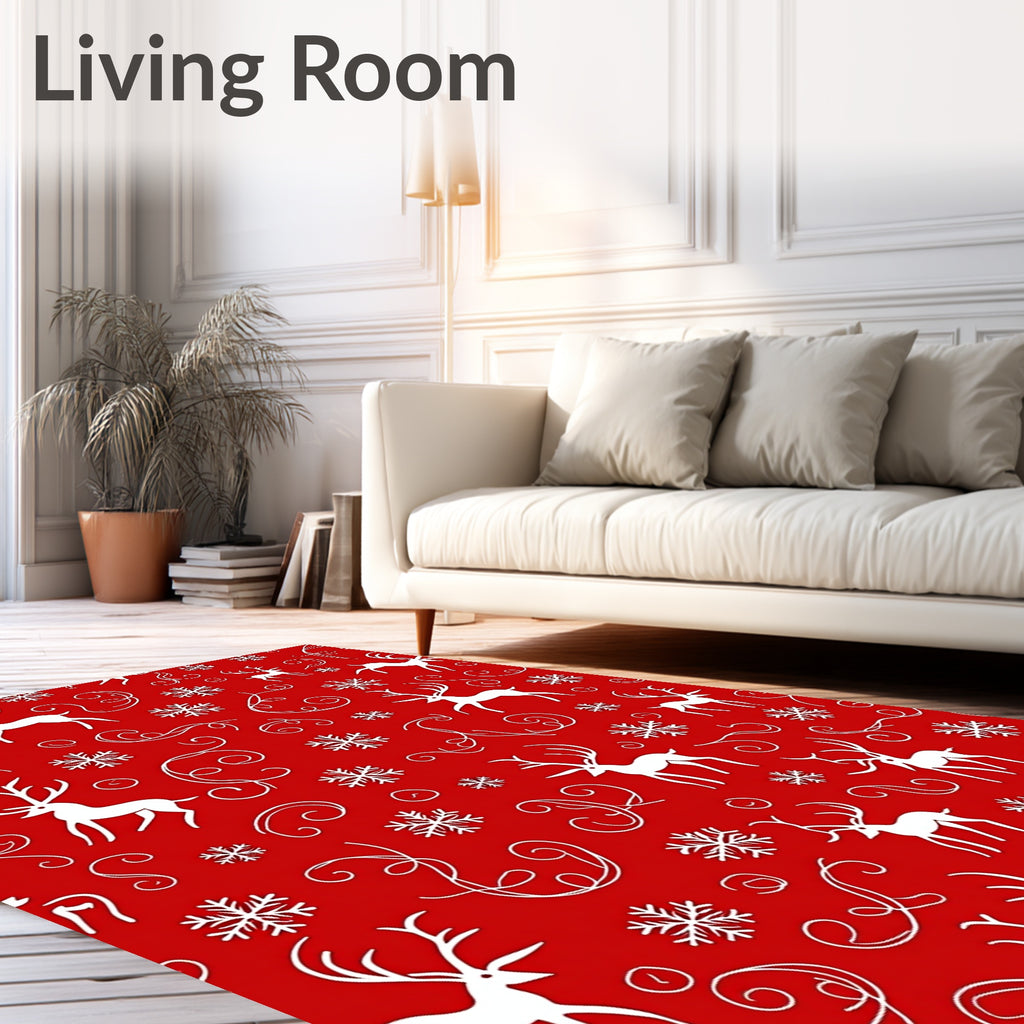 Crimson Reindeer Snowflake Swirls Rug