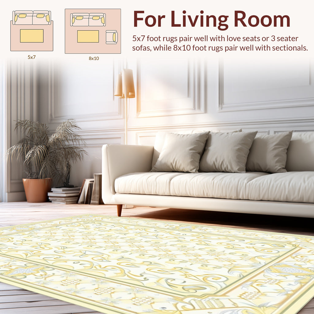 Creamy Yellow Ornate Scroll Pattern Rug