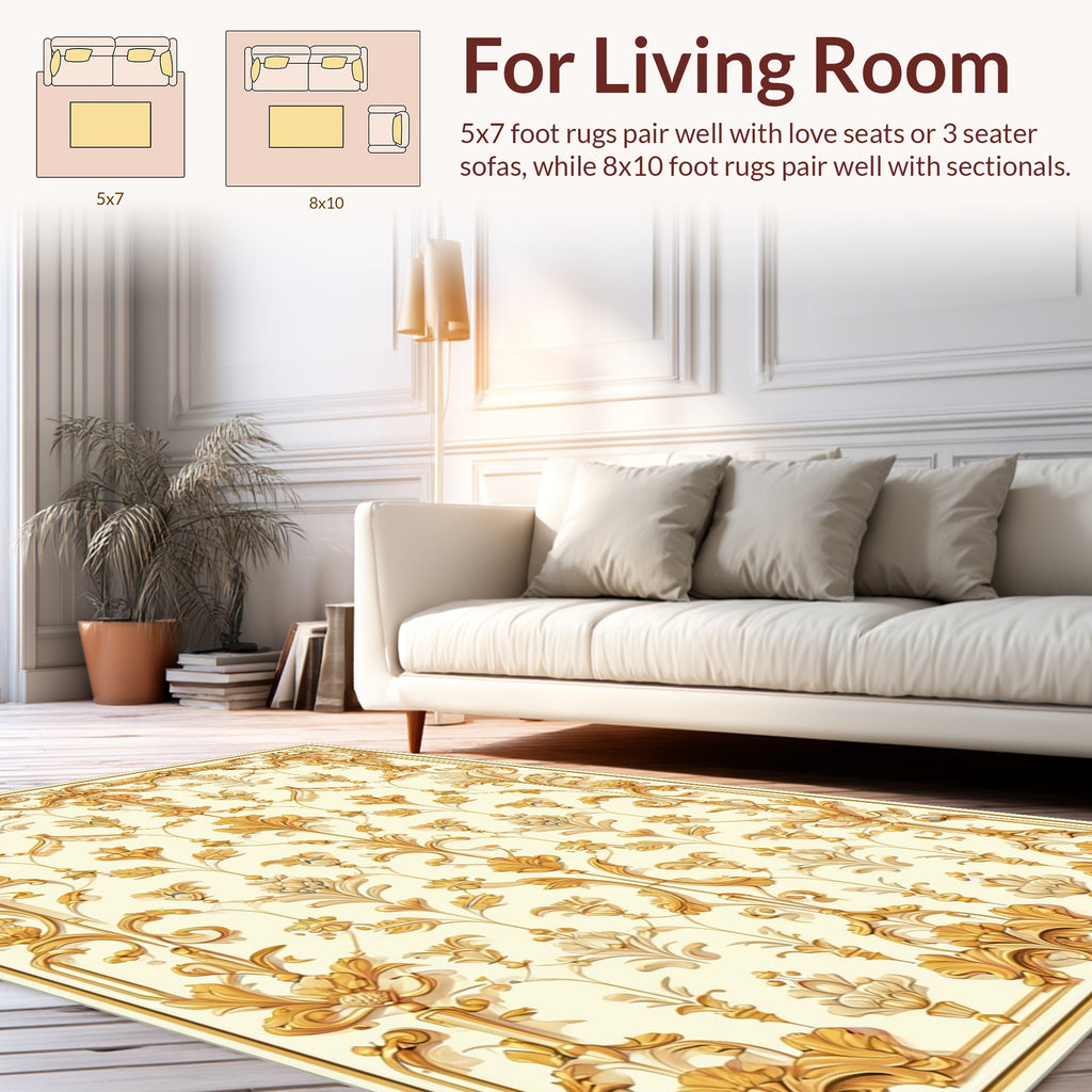 Ornate Golden Floral Scroll Rug