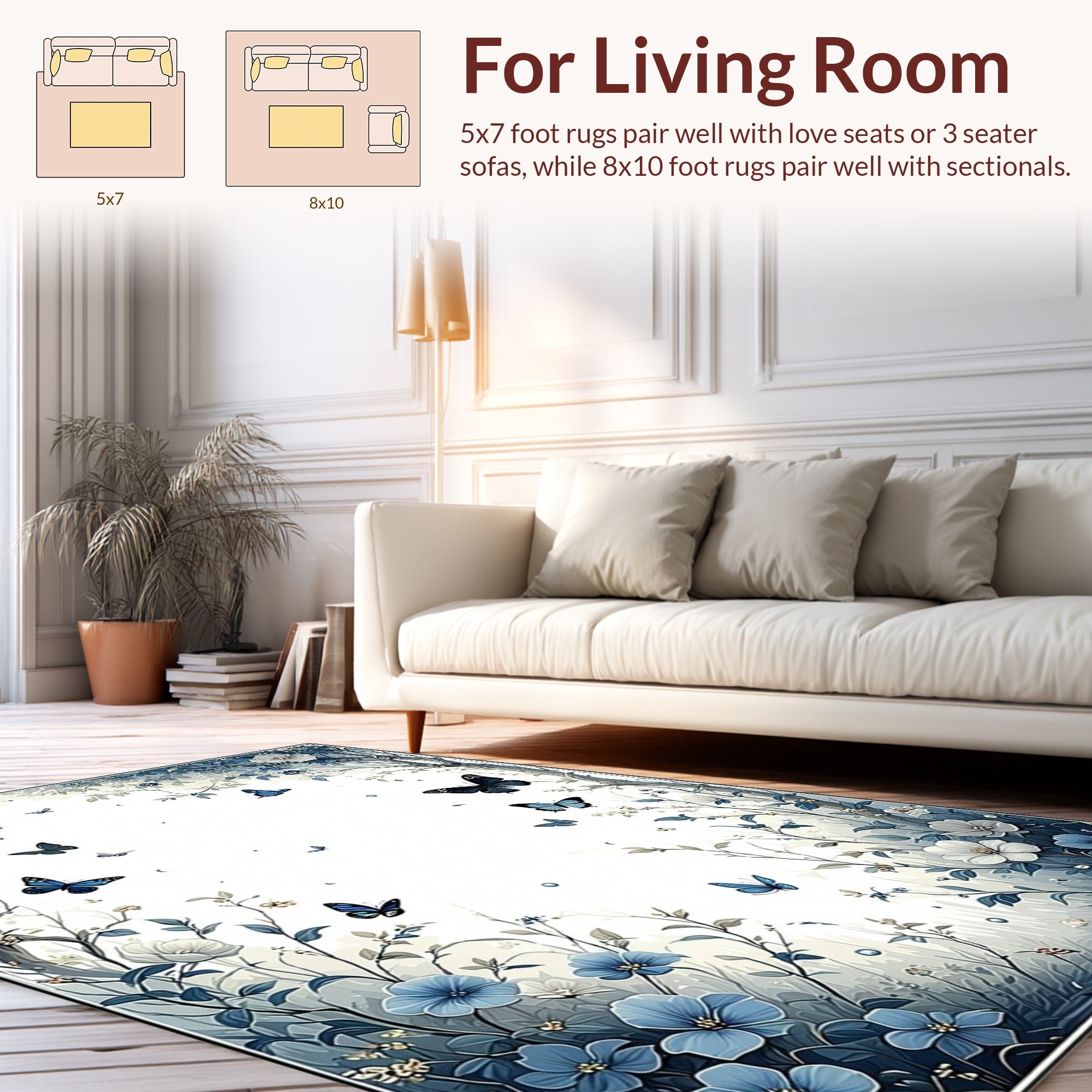Whimsical Blue Butterfly Floral Garden Rug