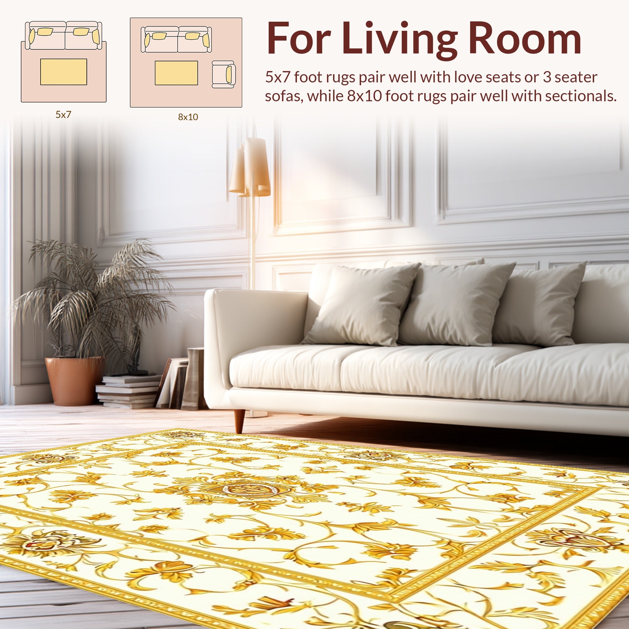Gold Floral Scroll Border Design Rug