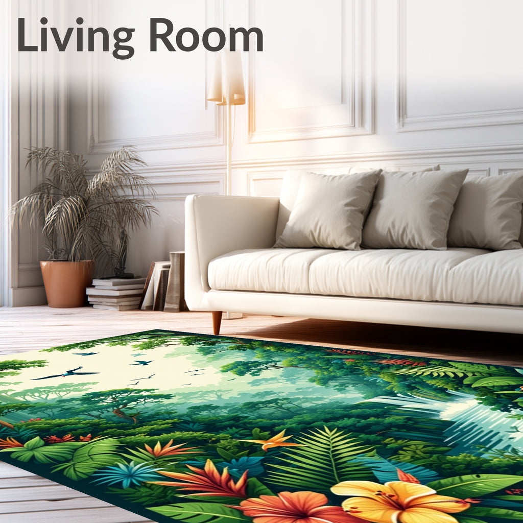 Lush Jungle Waterfall Birds Floral Design Rug