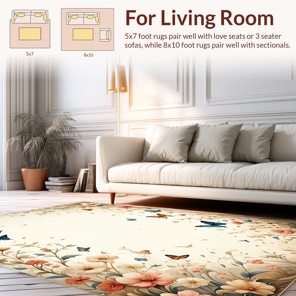 Vintage Floral Butterfly Meadow Design Rug