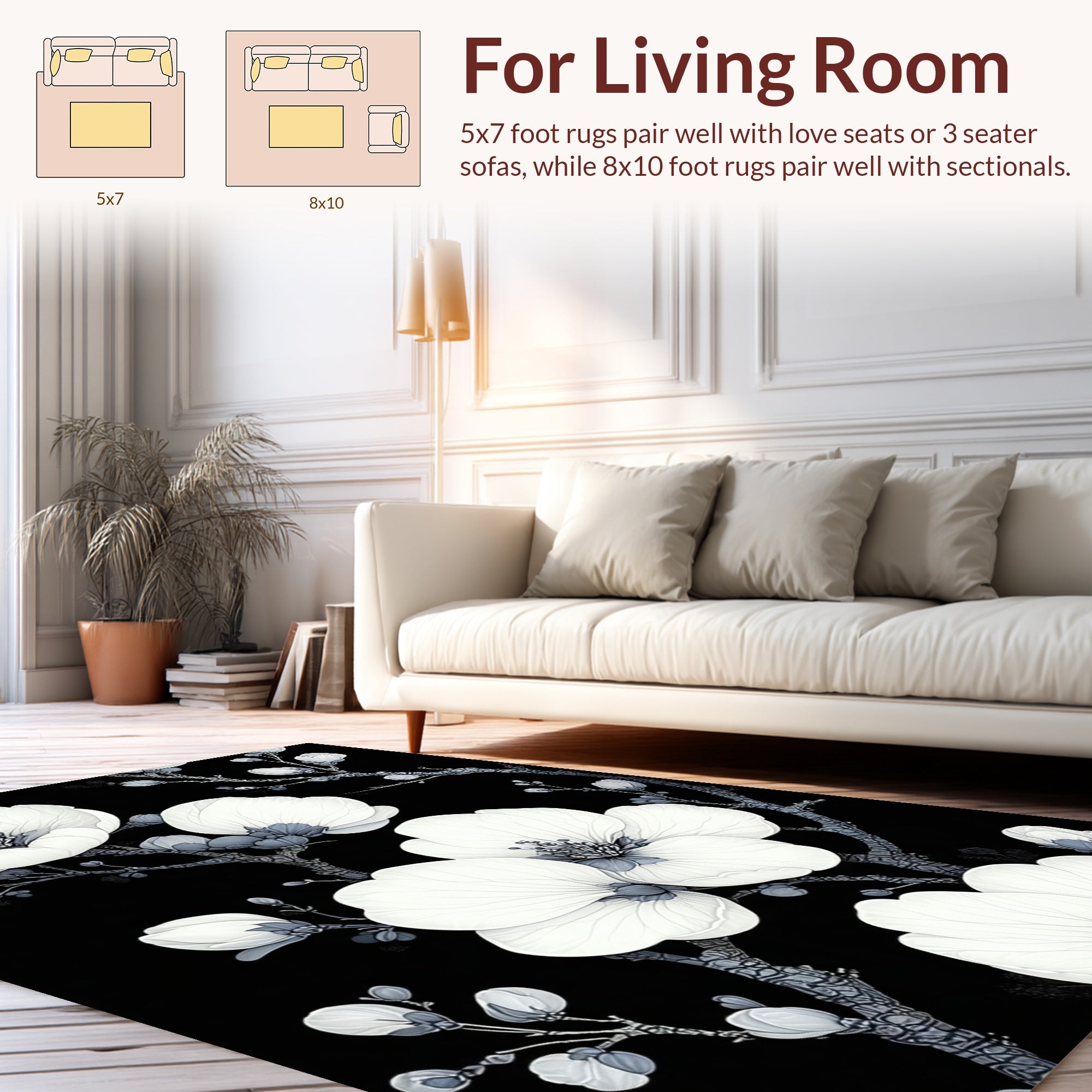 Monochrome Floral Branches Pattern Rug