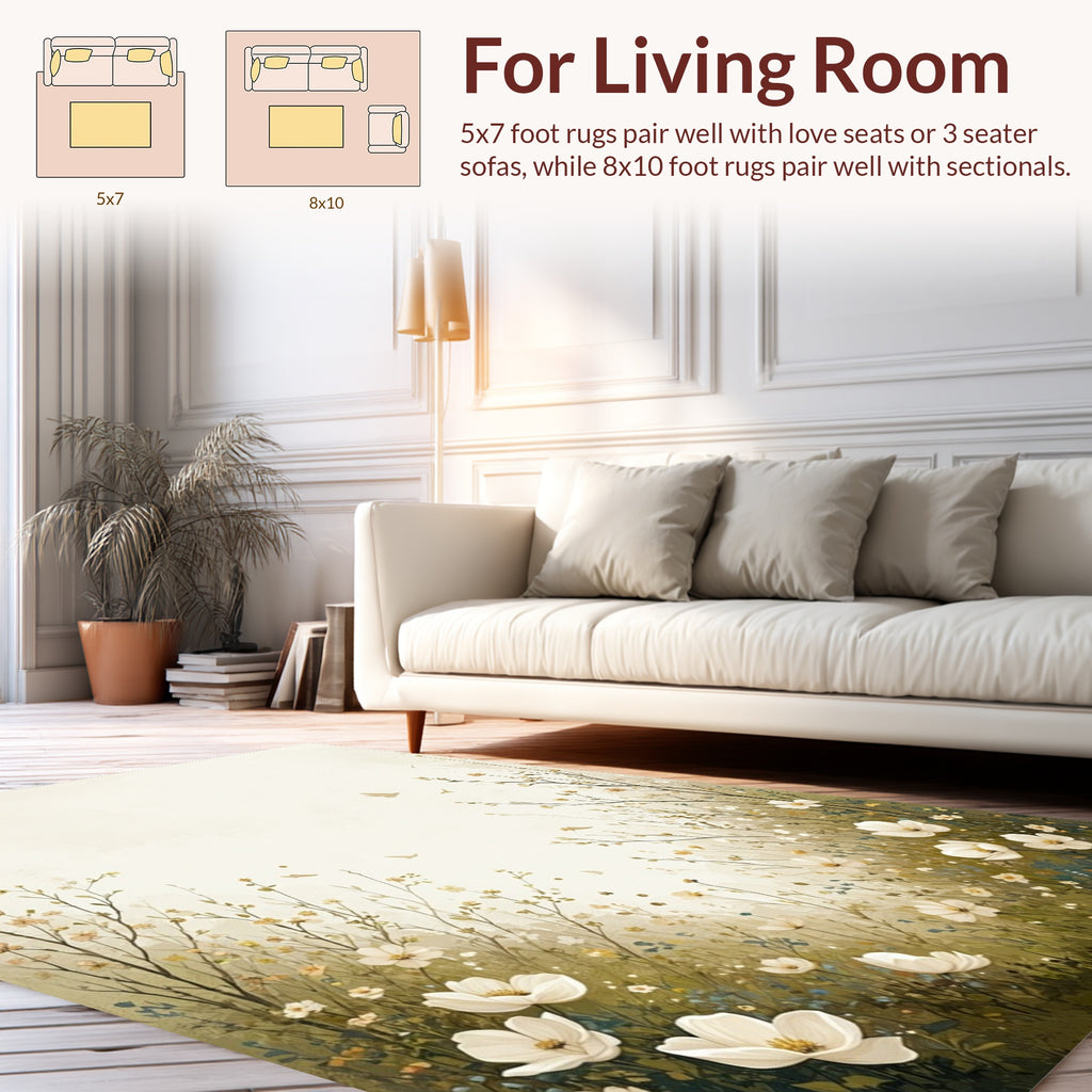Whimsical Floral Meadow Bird Pattern Rug