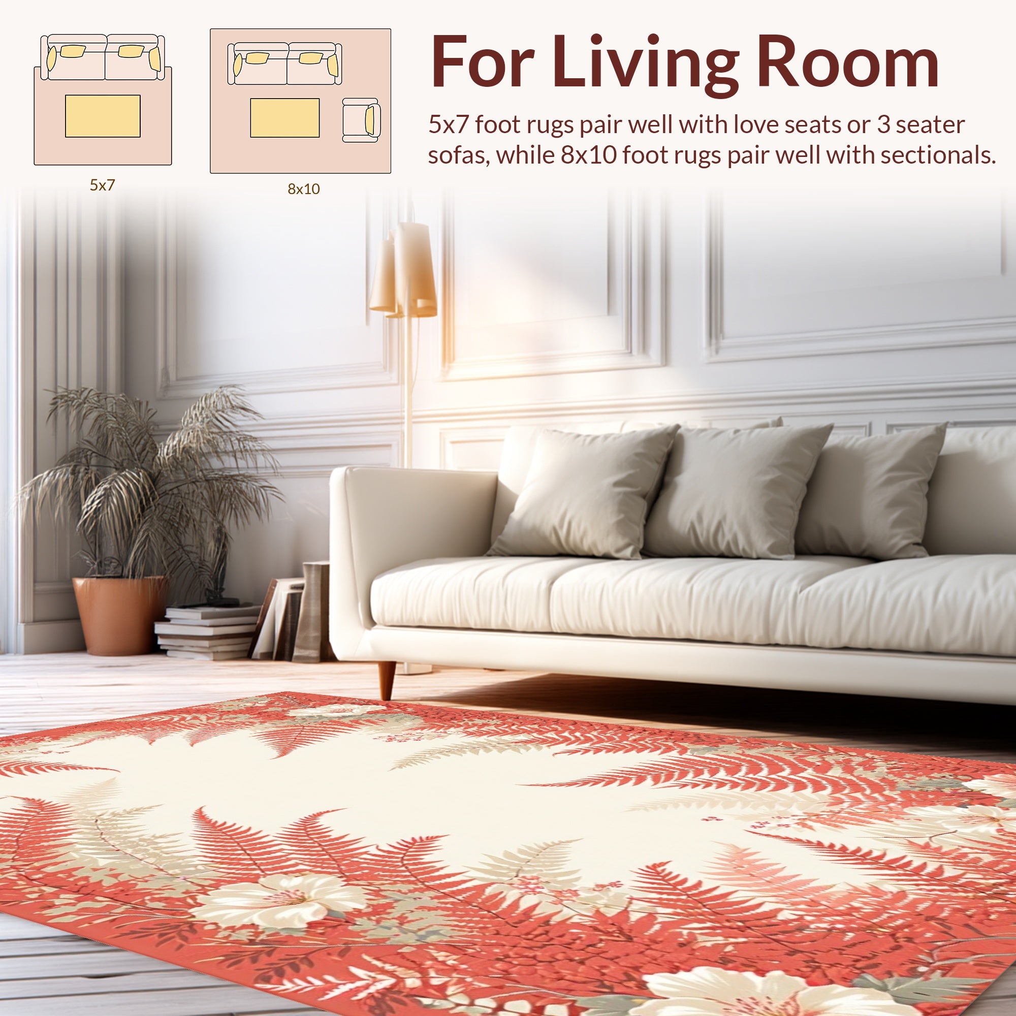 Coral Ferns and Flowers Border Rug