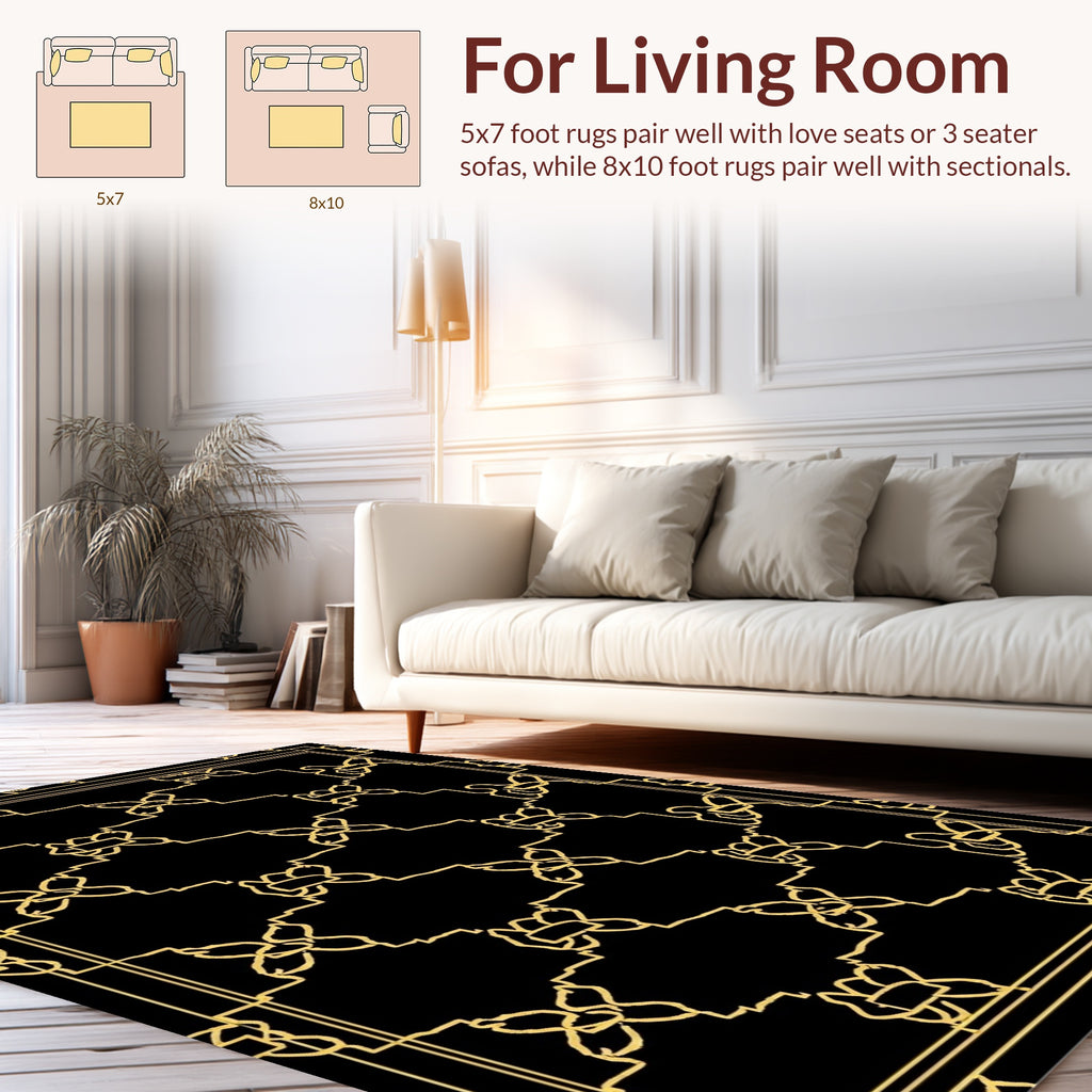 Golden Geometric Floral Patterned Rug