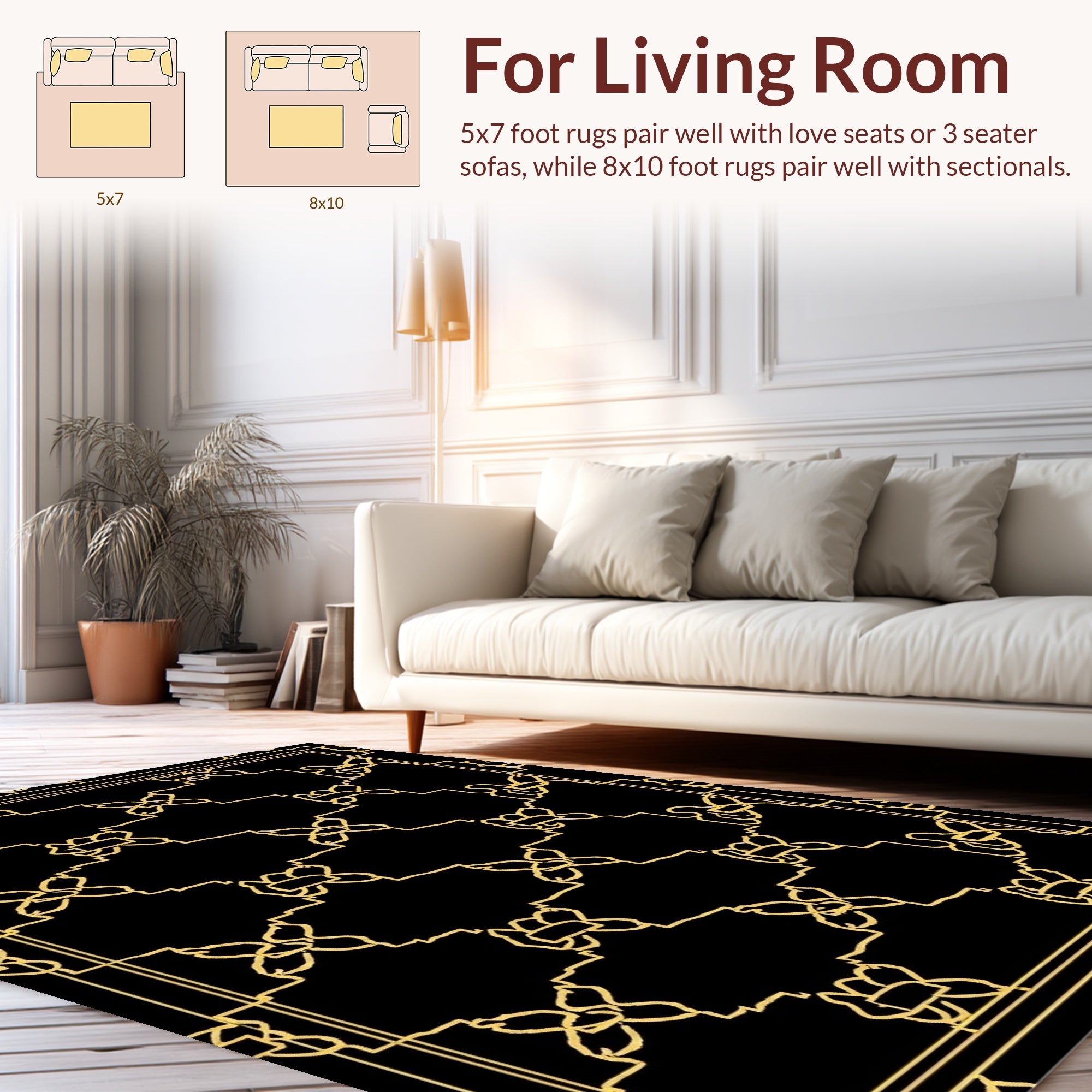 Golden Geometric Floral Patterned Rug