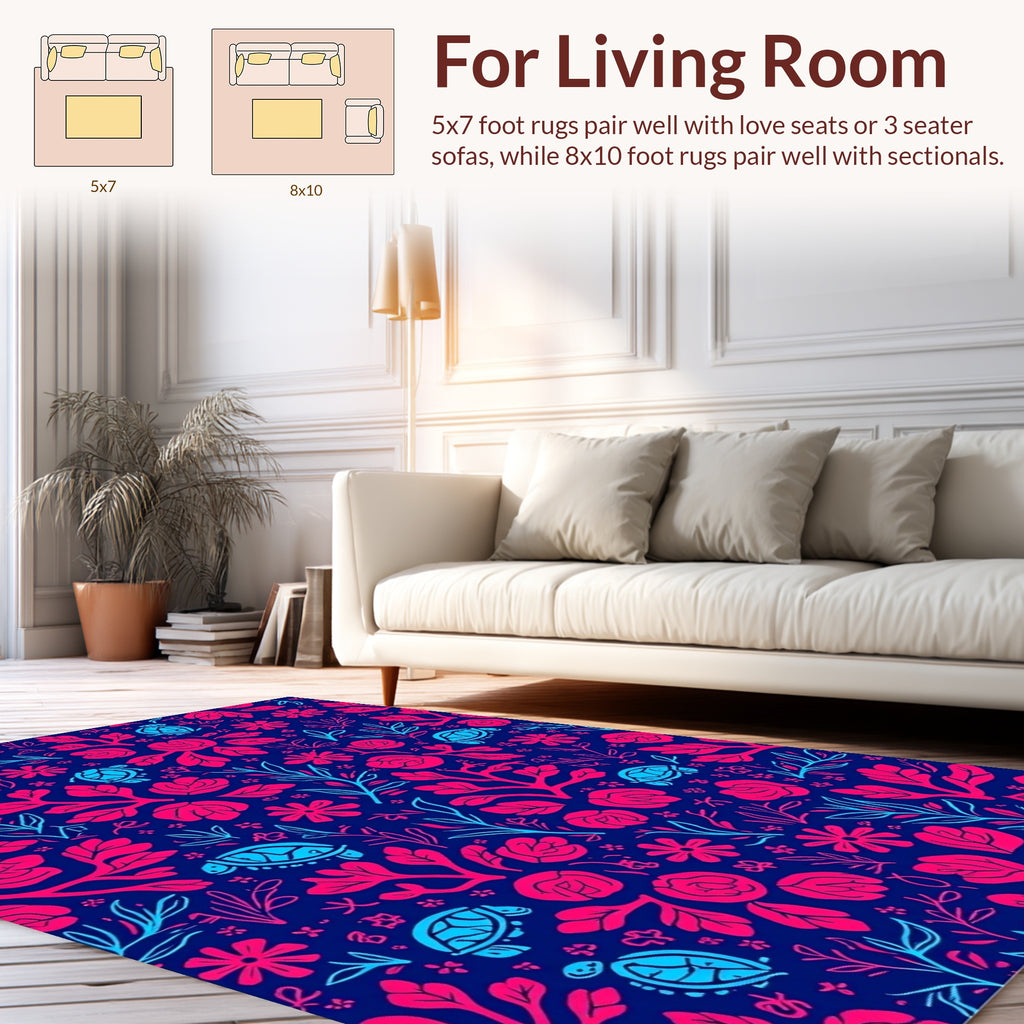 Blue Pink Floral Turtle Pattern Rug